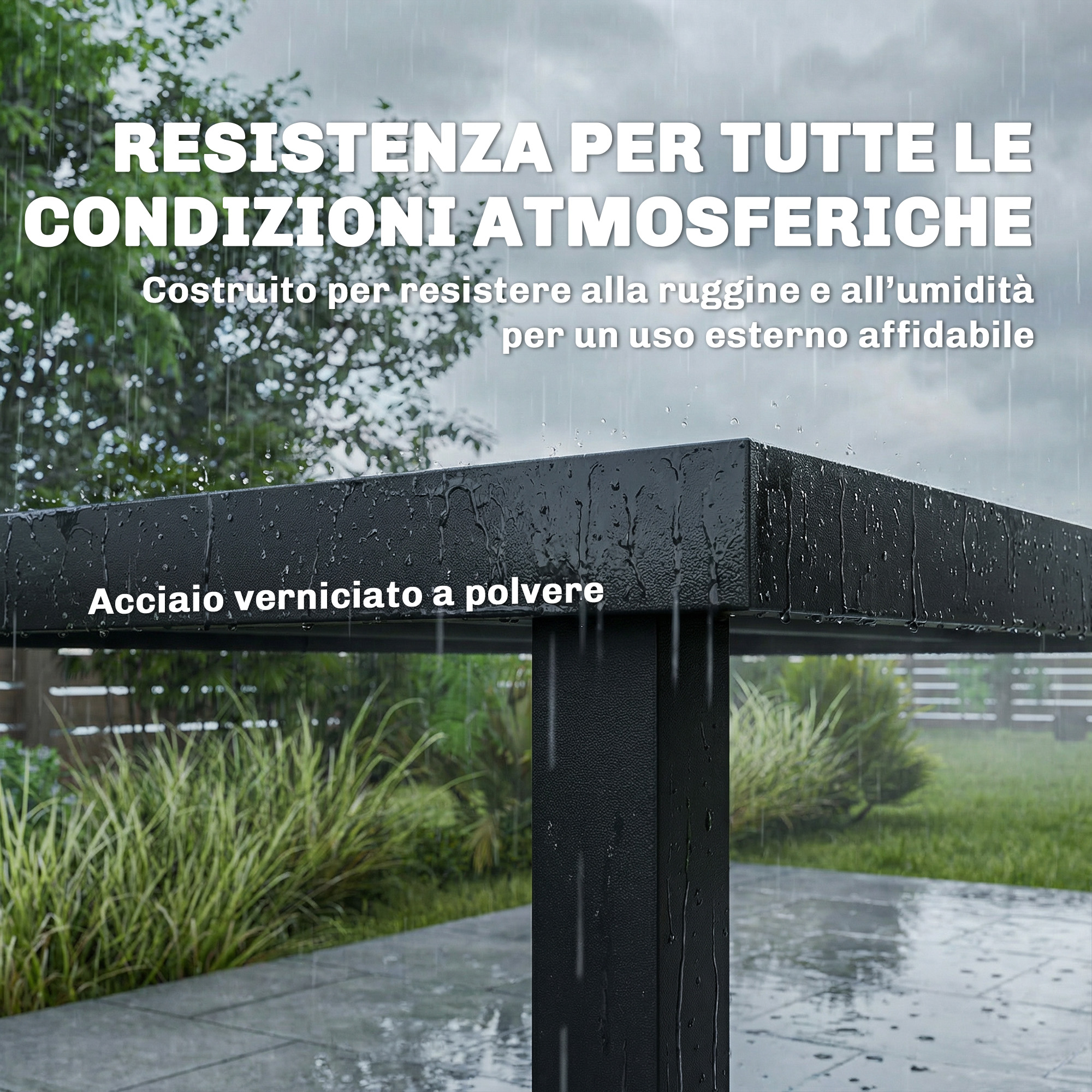 Struttura in acciaio verniciato a polvere nera con gocce di pioggia. Adatta a ogni clima.