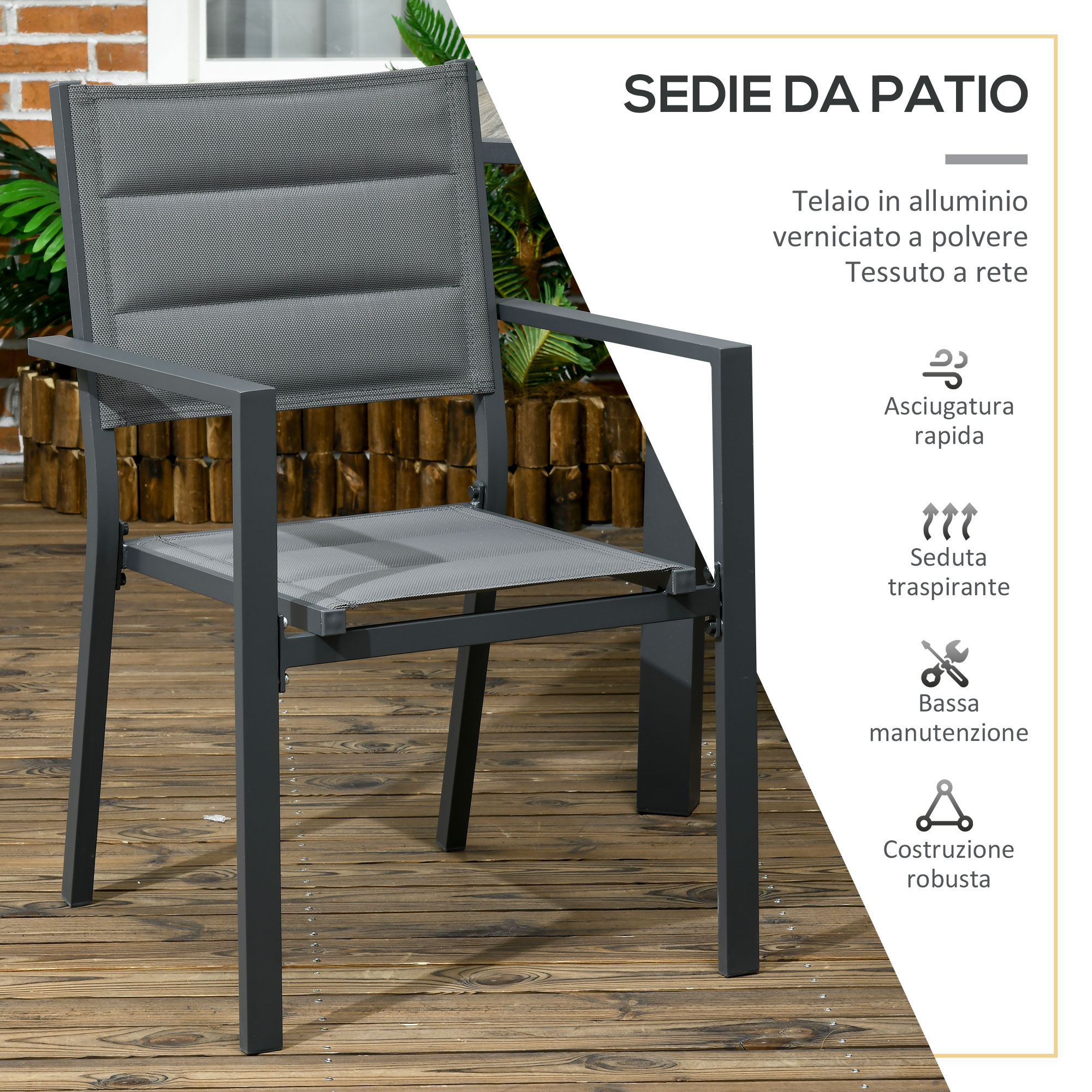 Sedia da esterno grigia con telaio in alluminio e tessuto a rete su un deck di legno.