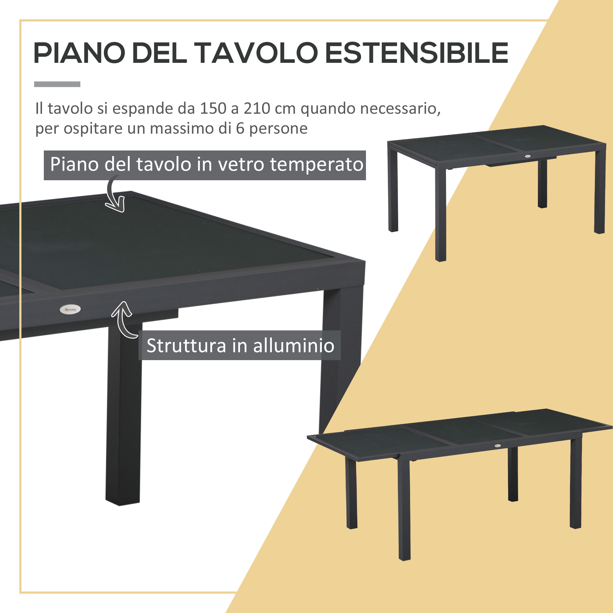 Tavolo estensibile grigio scuro con piano in vetro e struttura alluminio.