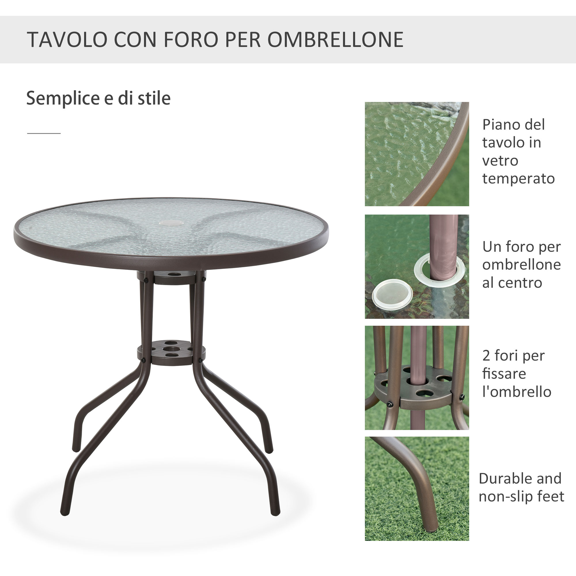Un tavolo rotondo con piano in vetro e struttura in metallo marrone con foro.