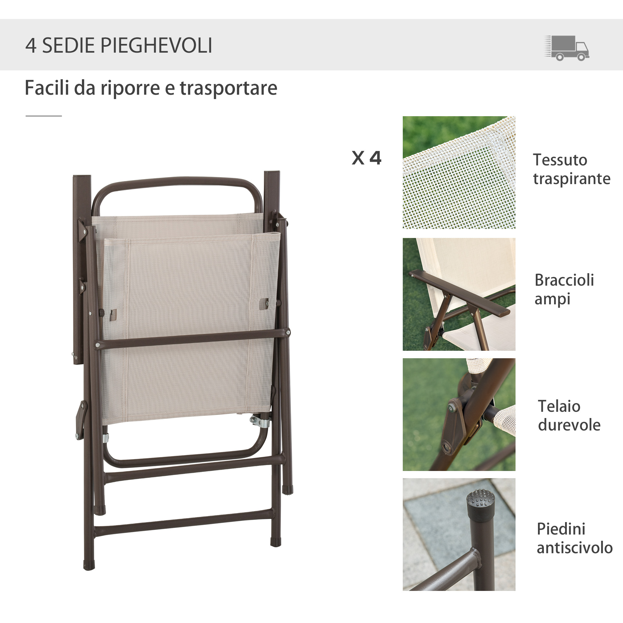 Una sedia marrone piegata con tessuto beige. Dettagli mostrano tessuto, braccioli e piedini.
