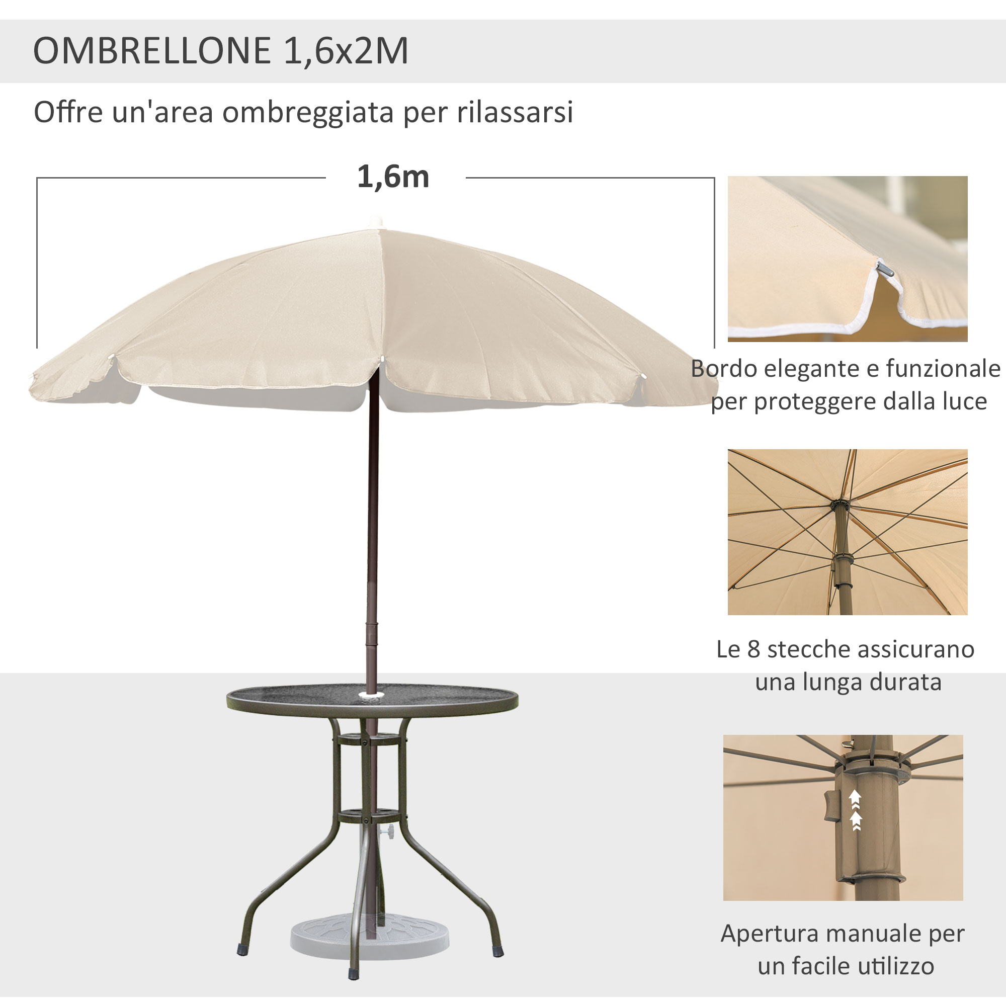 Ombrellone beige con tavolo e primi piani dettagliati.