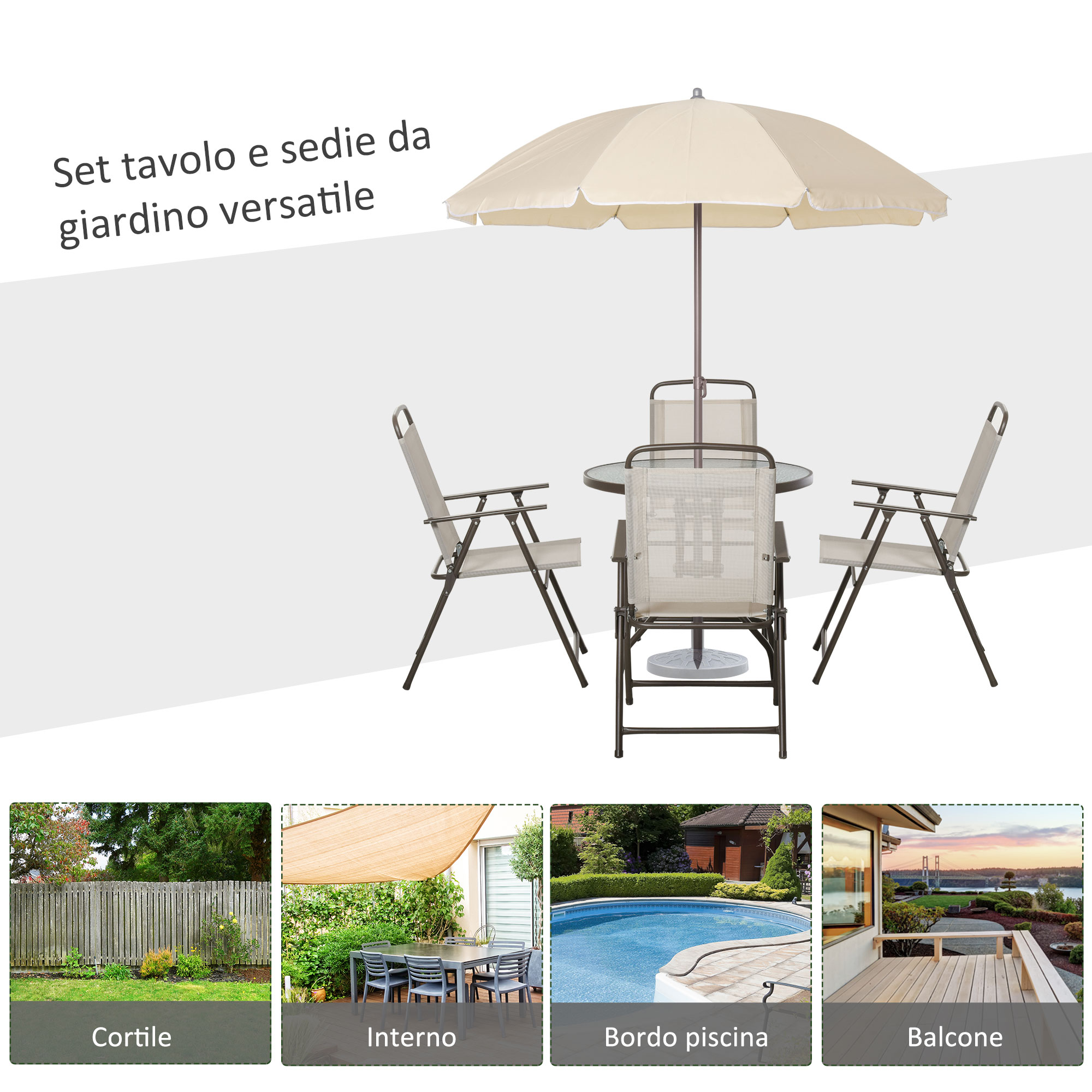 Set da giardino con tavolo, quattro sedie e ombrellone su sfondo bianco.