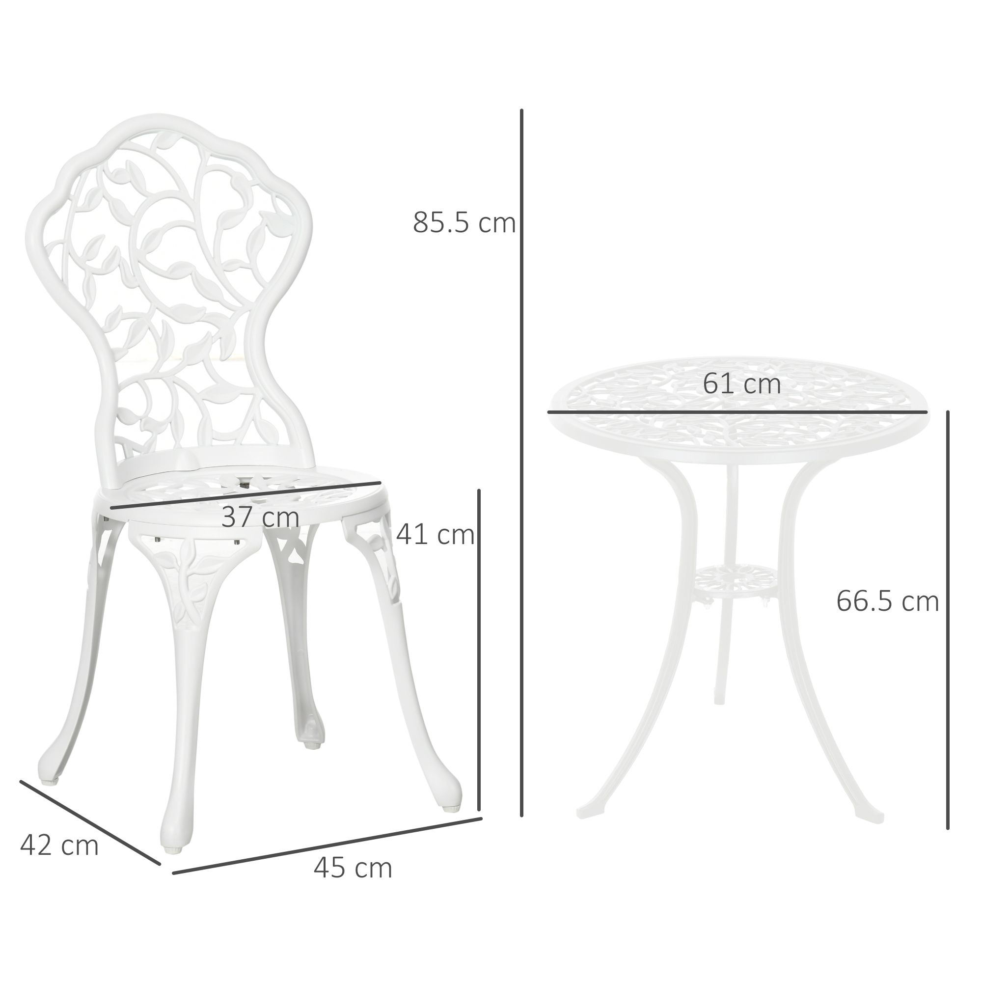Una sedia bianca con motivo a foglie (85,5 cm di altezza) e un tavolo rotondo (61 cm).
