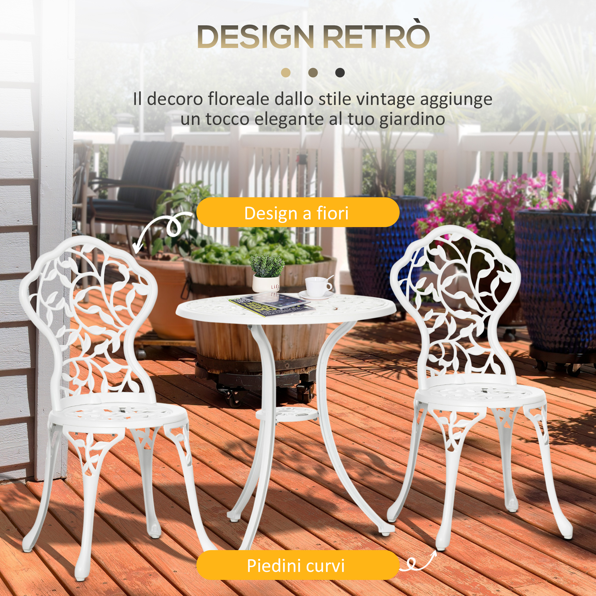 Un set di mobili da giardino bianchi con due sedie e un tavolo dal design floreale.