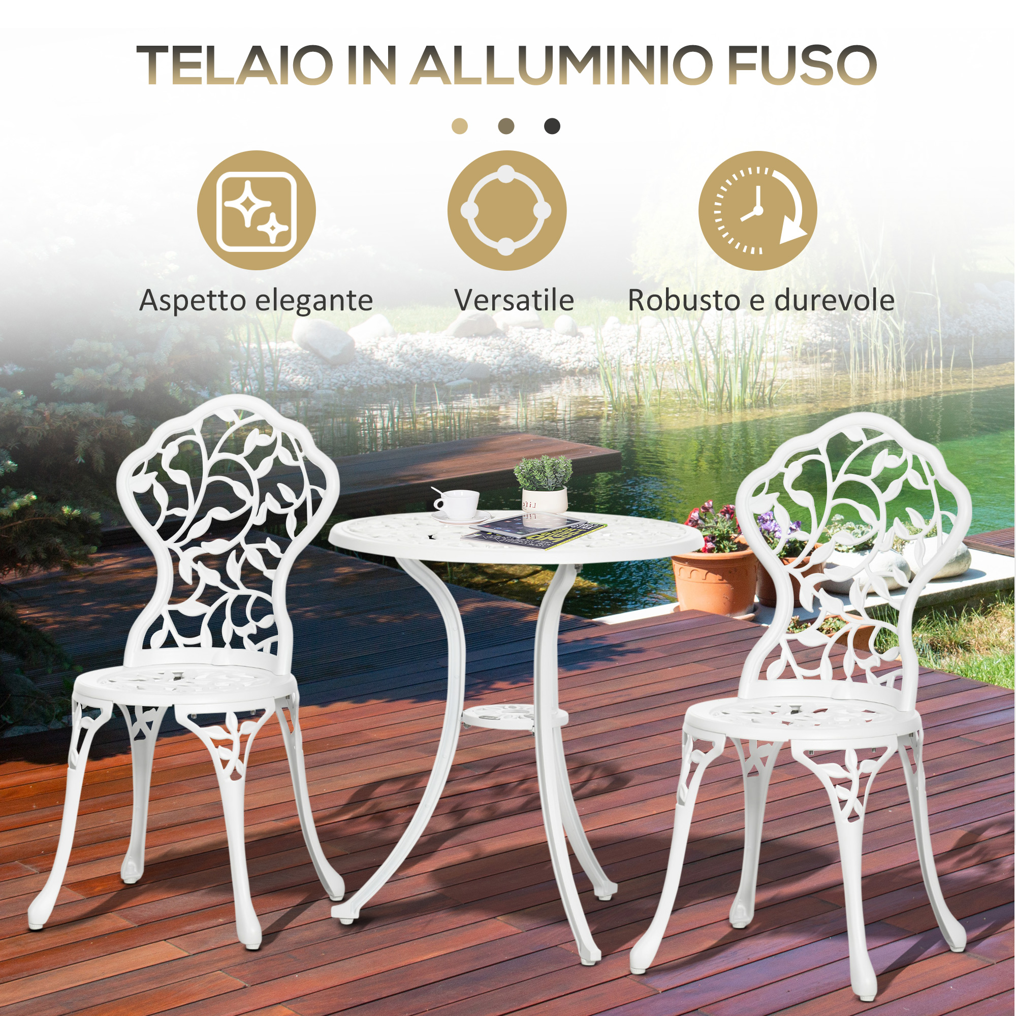 Un set da bistrot in alluminio bianco con due sedie e un tavolo su un ponte di legno.