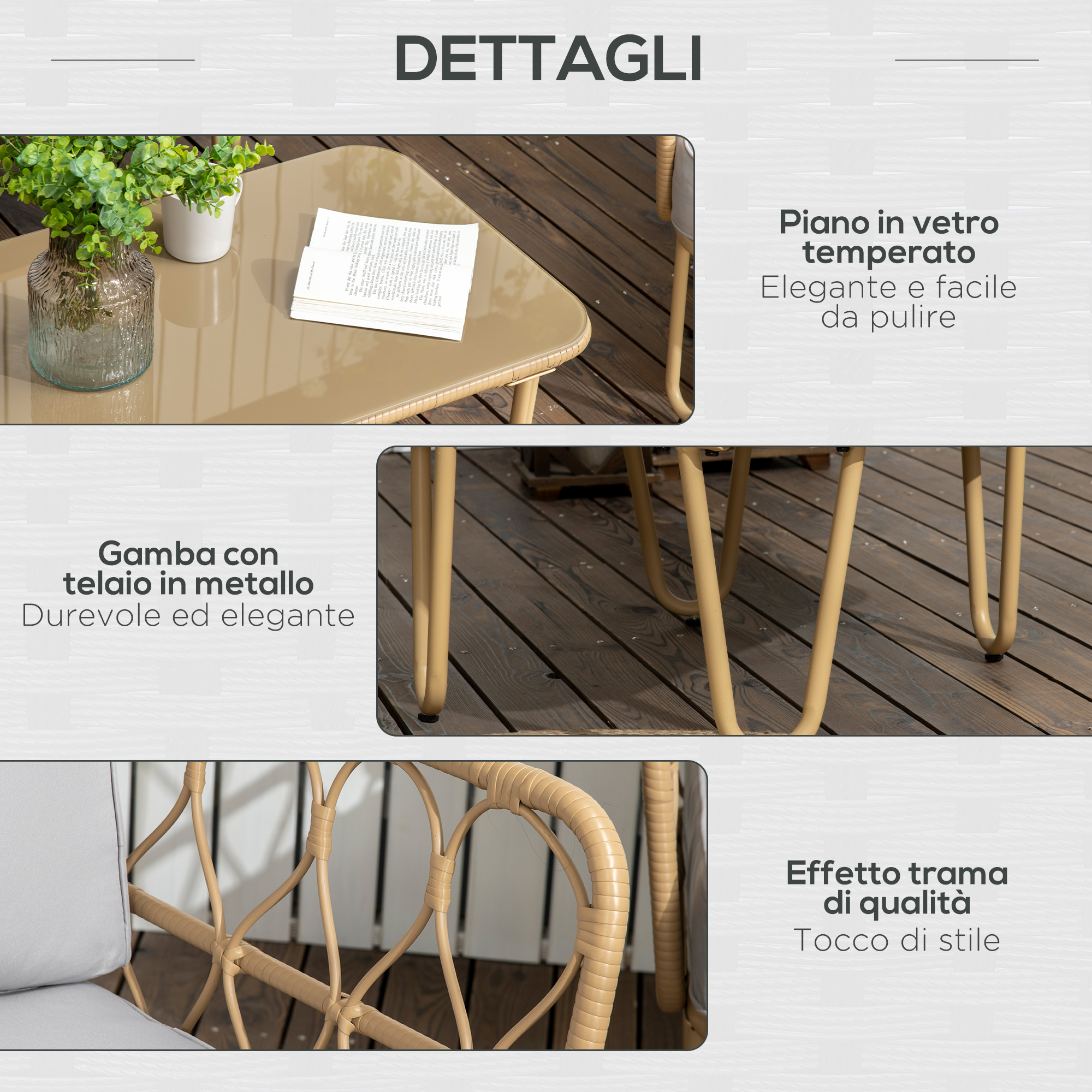 Piano in vetro, gambe in metallo, sedia in rattan con cuscino su deck di legno.