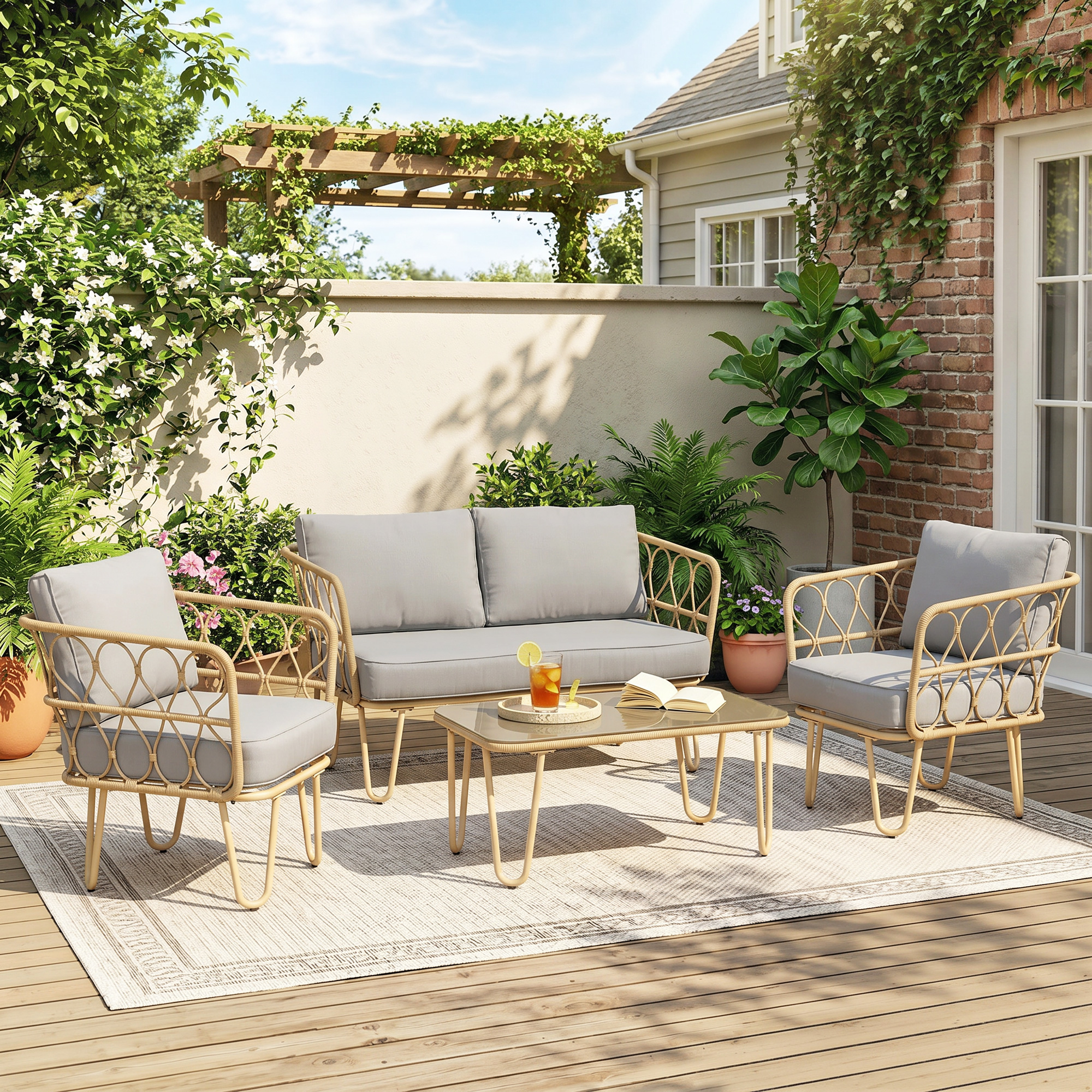 Set di mobili da esterno su un ponte di legno con piante e pergola.