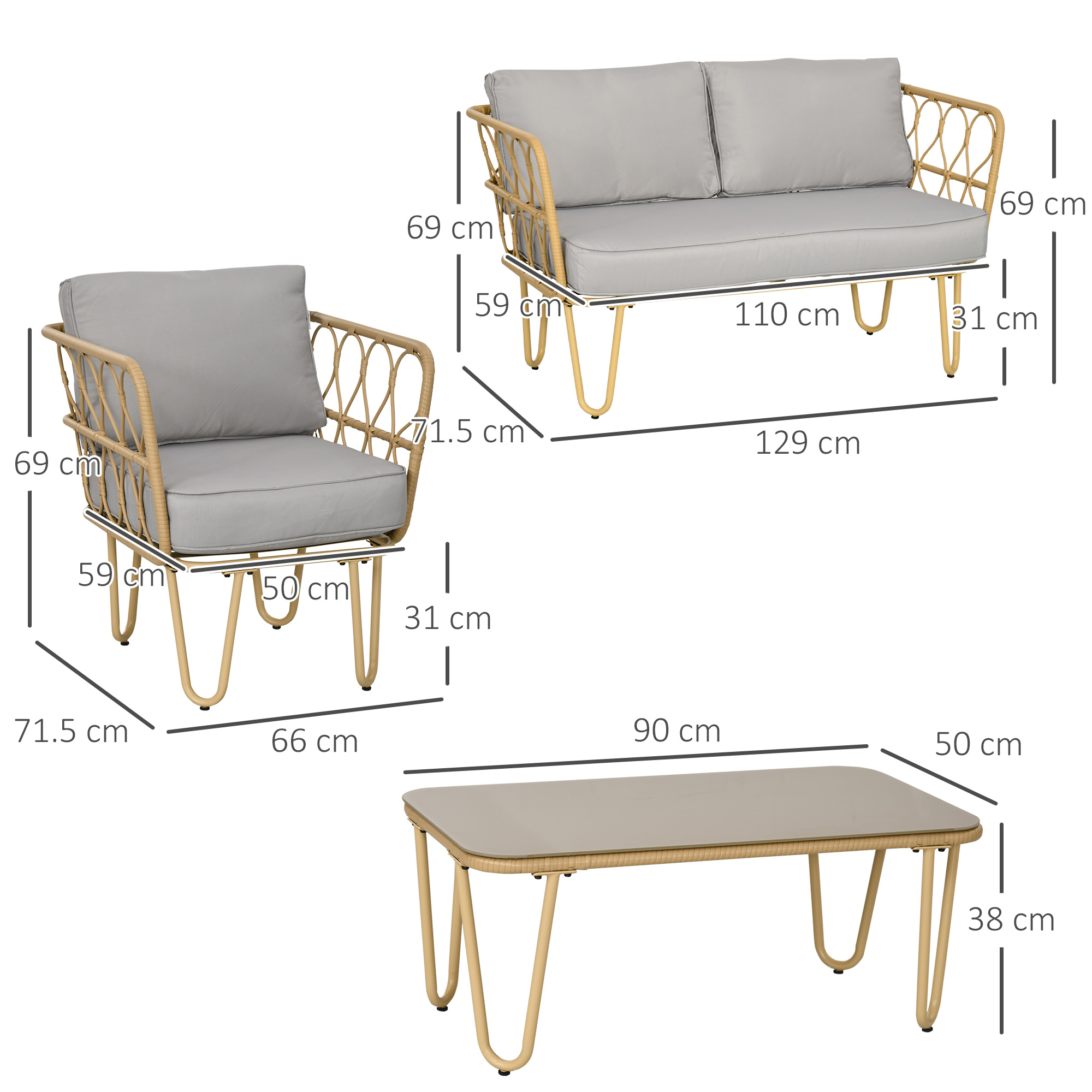 Un divano in rattan, una sedia in rattan e un tavolino con dimensioni.