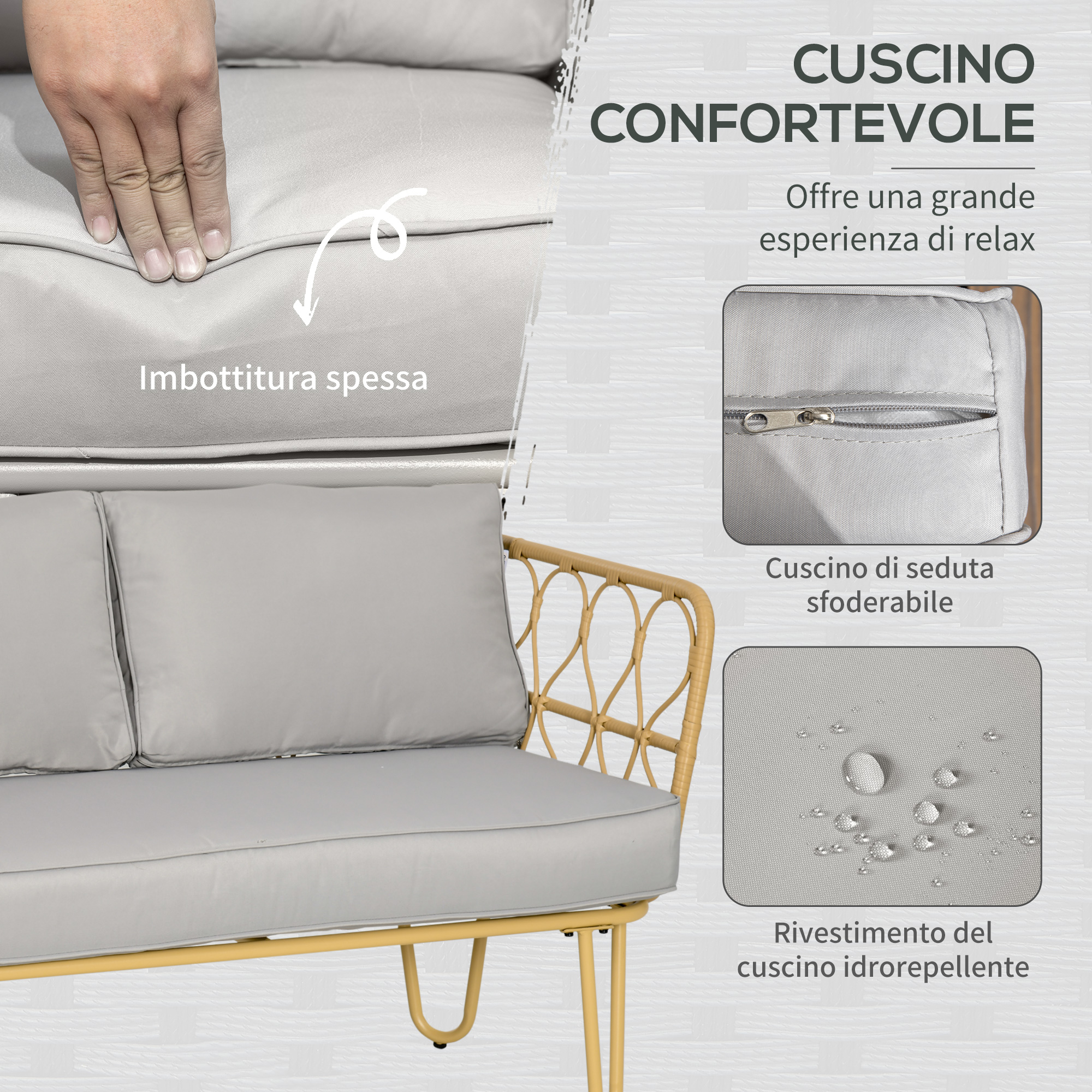 Un divano grigio con cuscini spessi, sfoderabili e idrorepellenti.