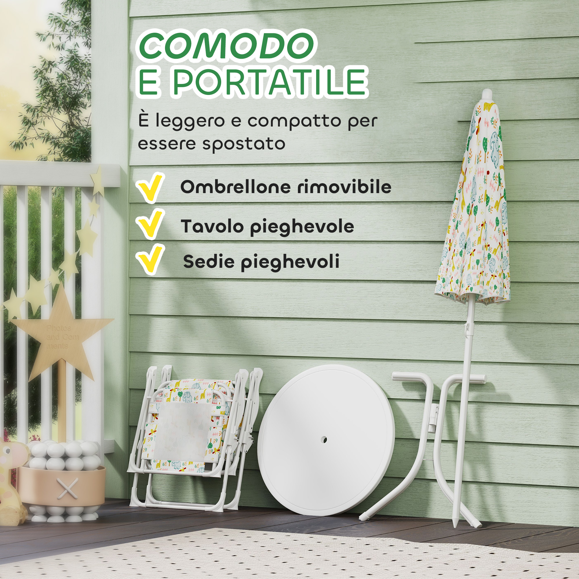 Un tavolo e sedie pieghevoli con ombrellone su un terrazzo di legno.