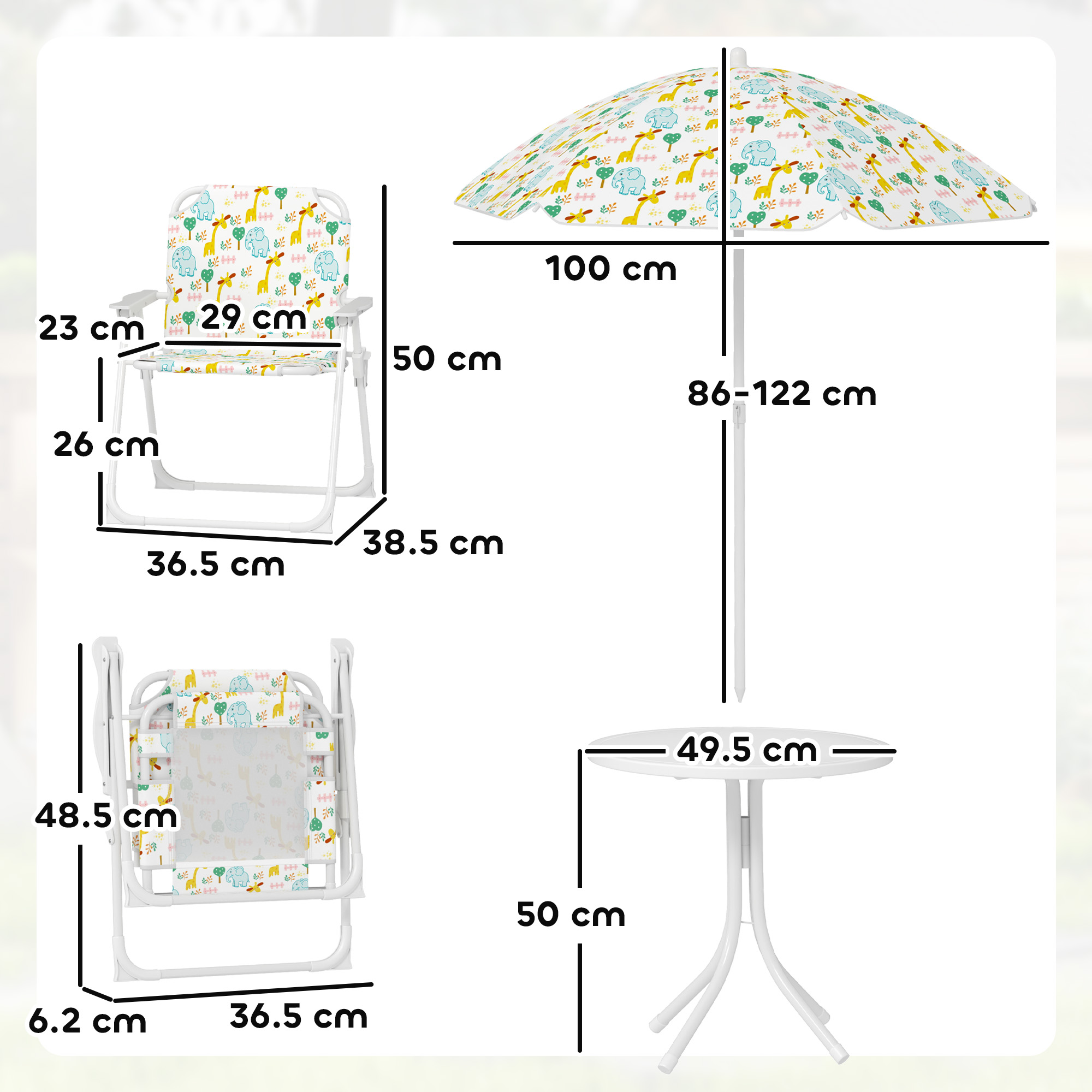 Un tavolo, ombrellone e sedia per bambini bianchi con stampe di animali.