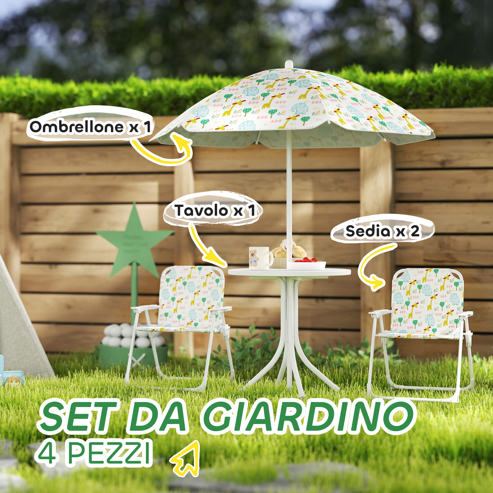 Un set di mobili da giardino con ombrellone, tavolo e due sedie.