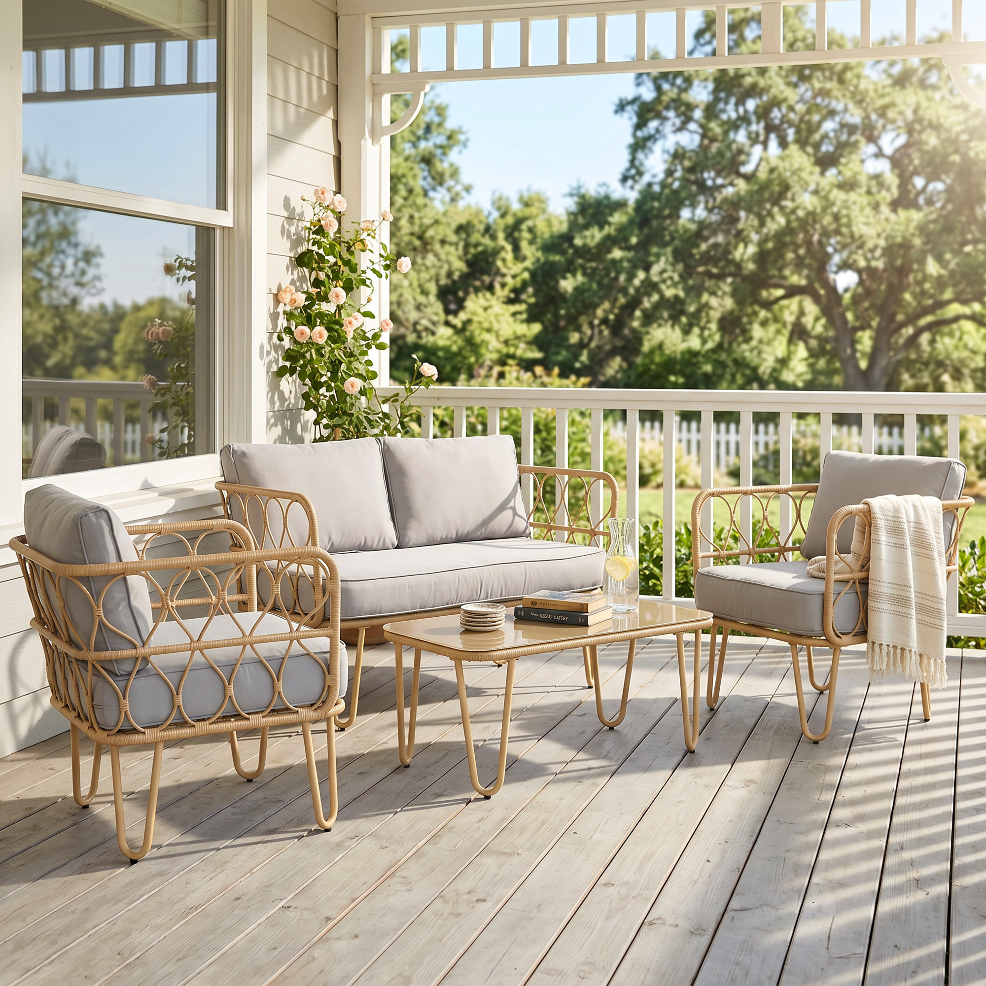 Set di mobili in rattan con cuscini grigi su un portico in legno con rose.
