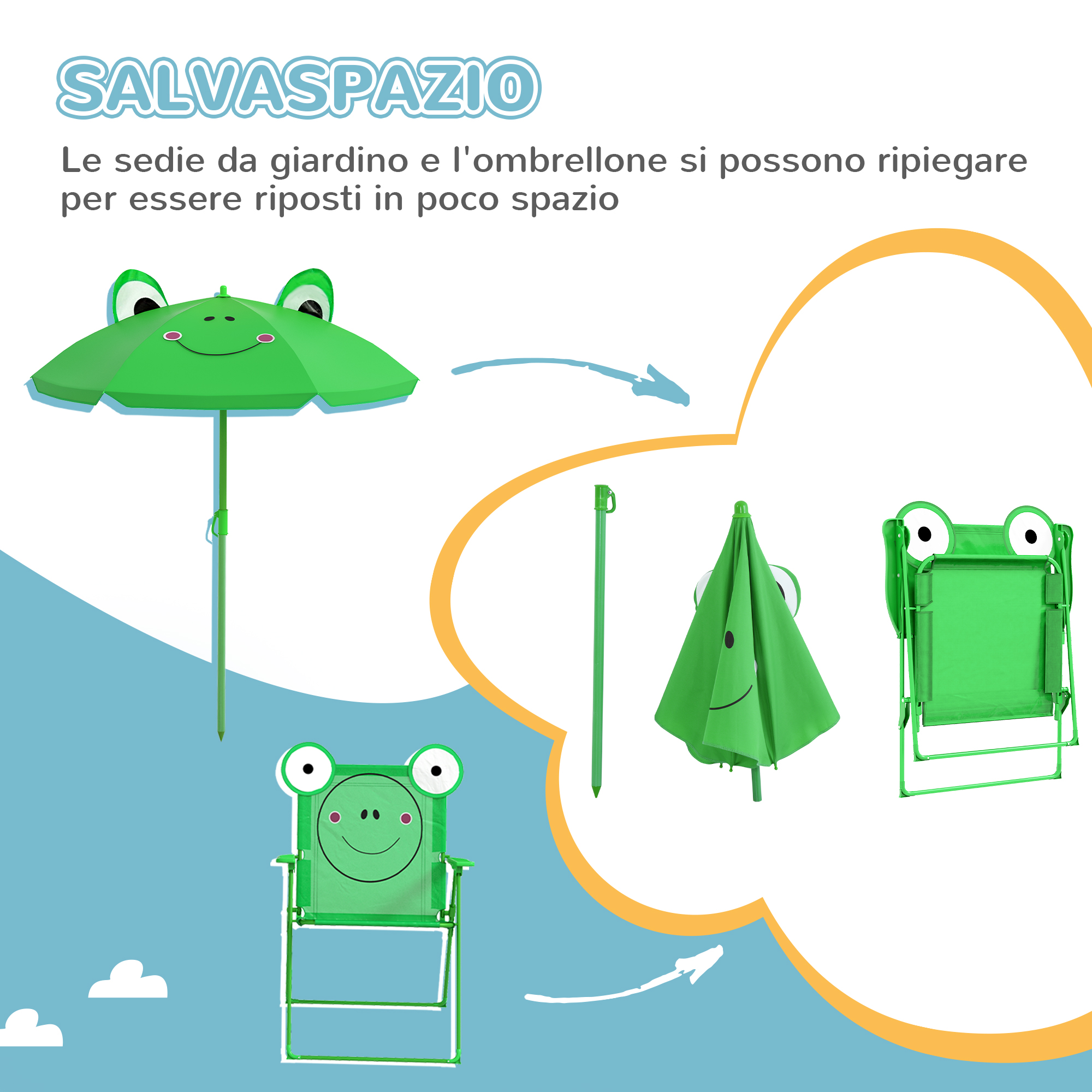 Ombrellone verde a rana e sedia da giardino pieghevole.