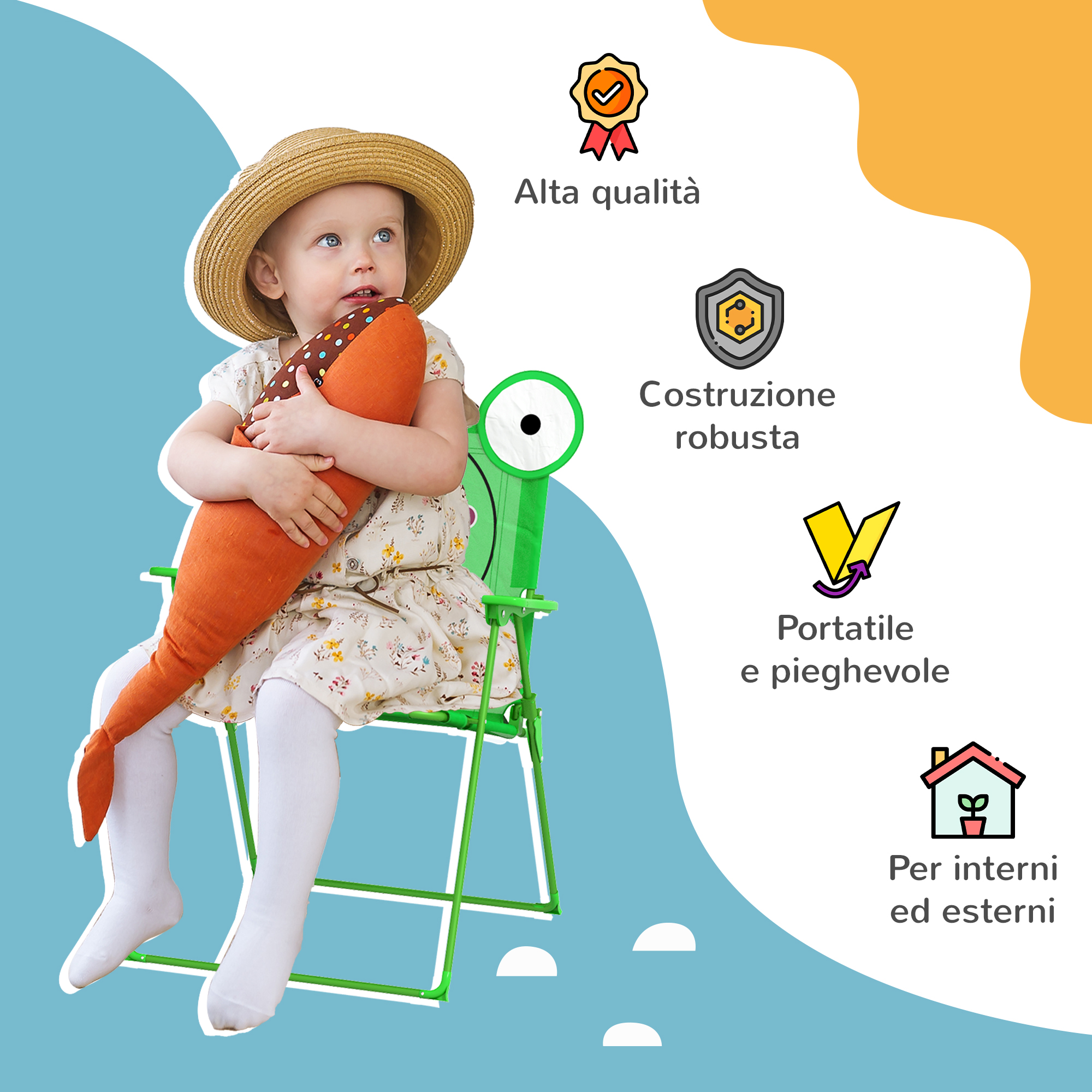 Una bambina con cappello di paglia siede su una sedia verde tenendo un cuscino a carota.