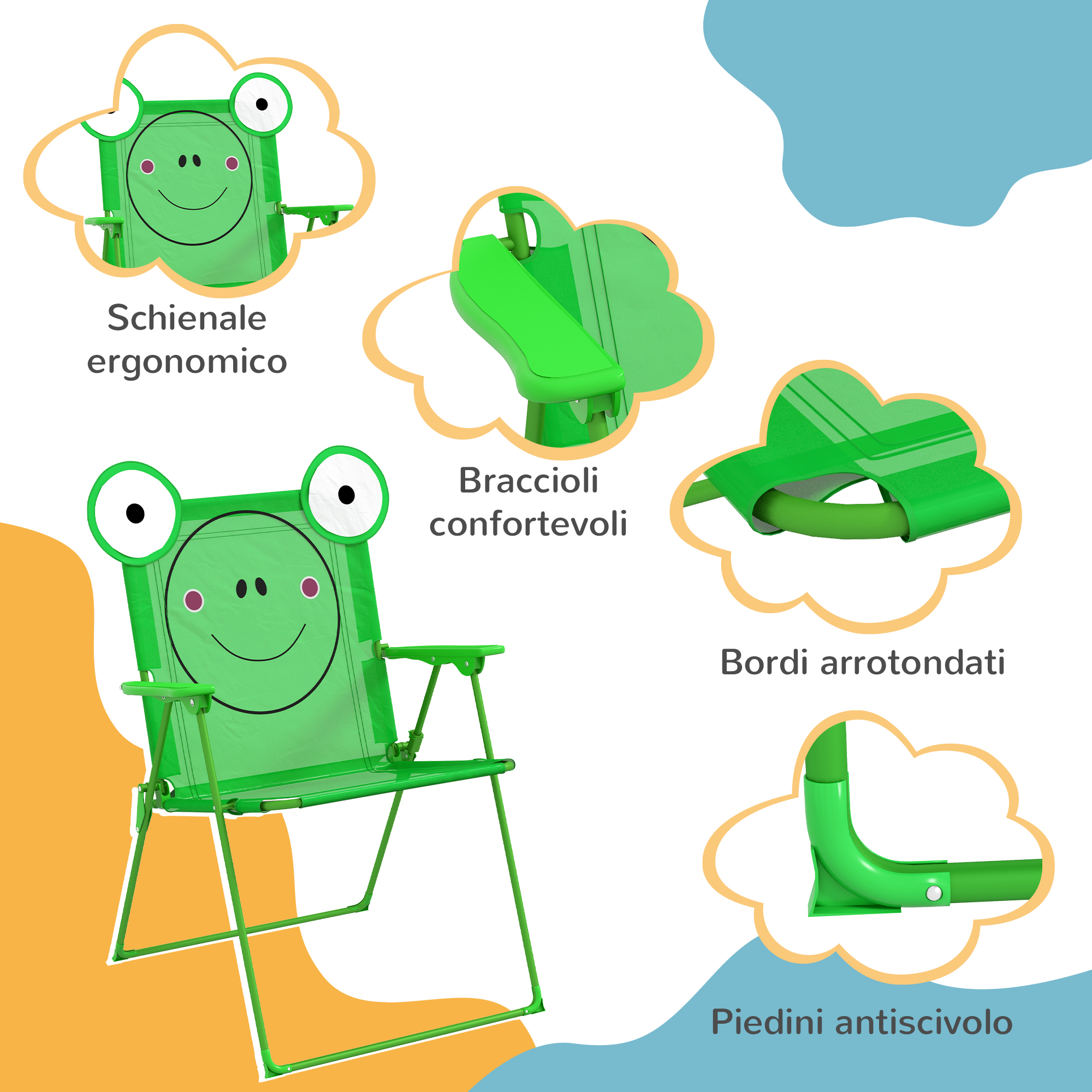 Sedia verde a rana con dettagli: schienale ergonomico, braccioli, bordi arrotondati, piedini antiscivolo.
