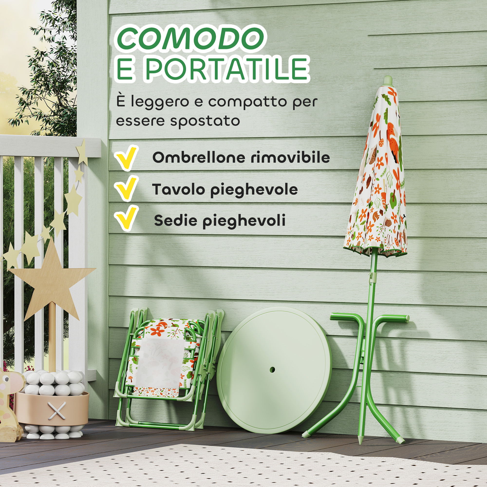 Set da giardino verde con ombrellone, tavolo, sedie. Stella decorativa.