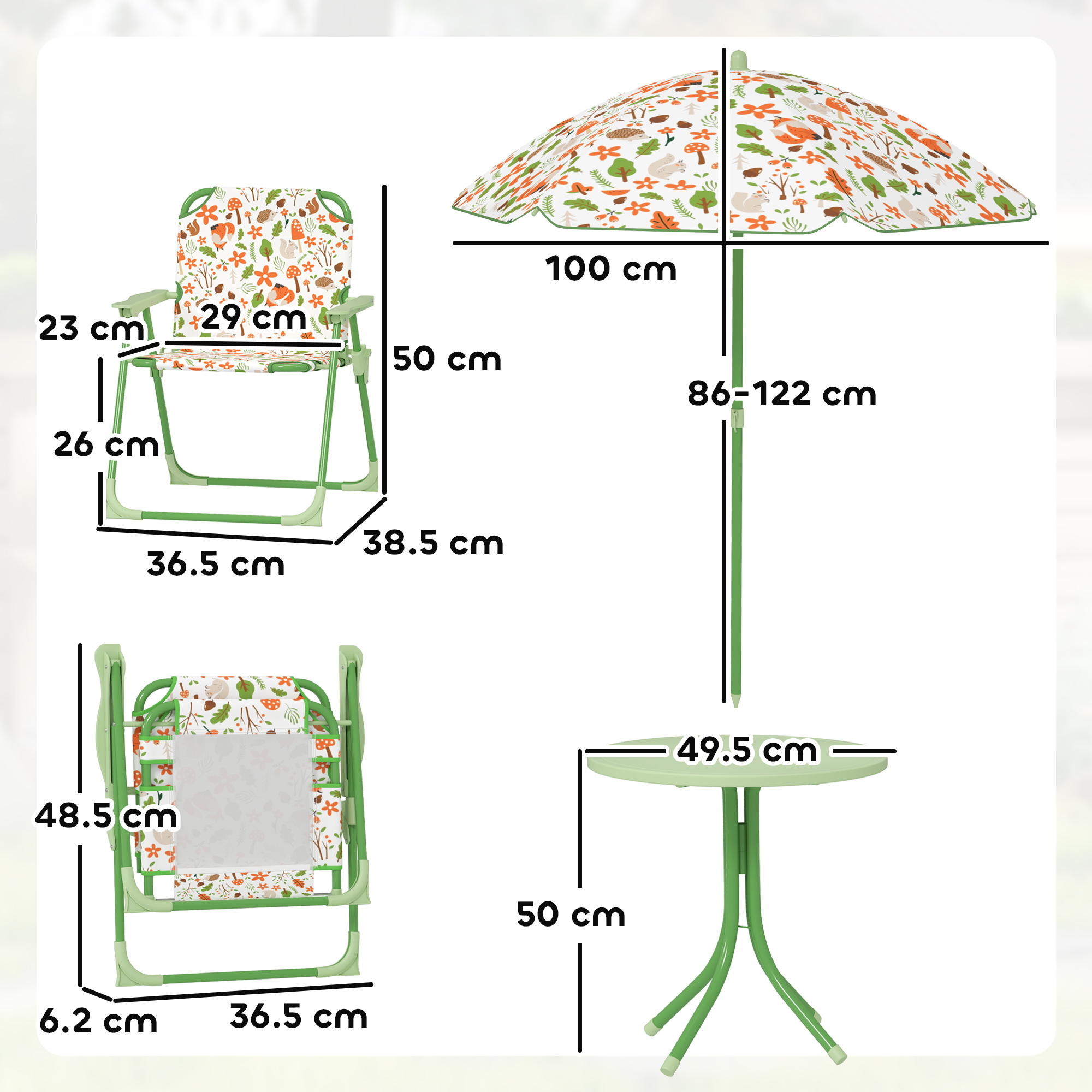 Set di mobili da esterno verdi: sedia e tavolo con stampa di animali del bosco.