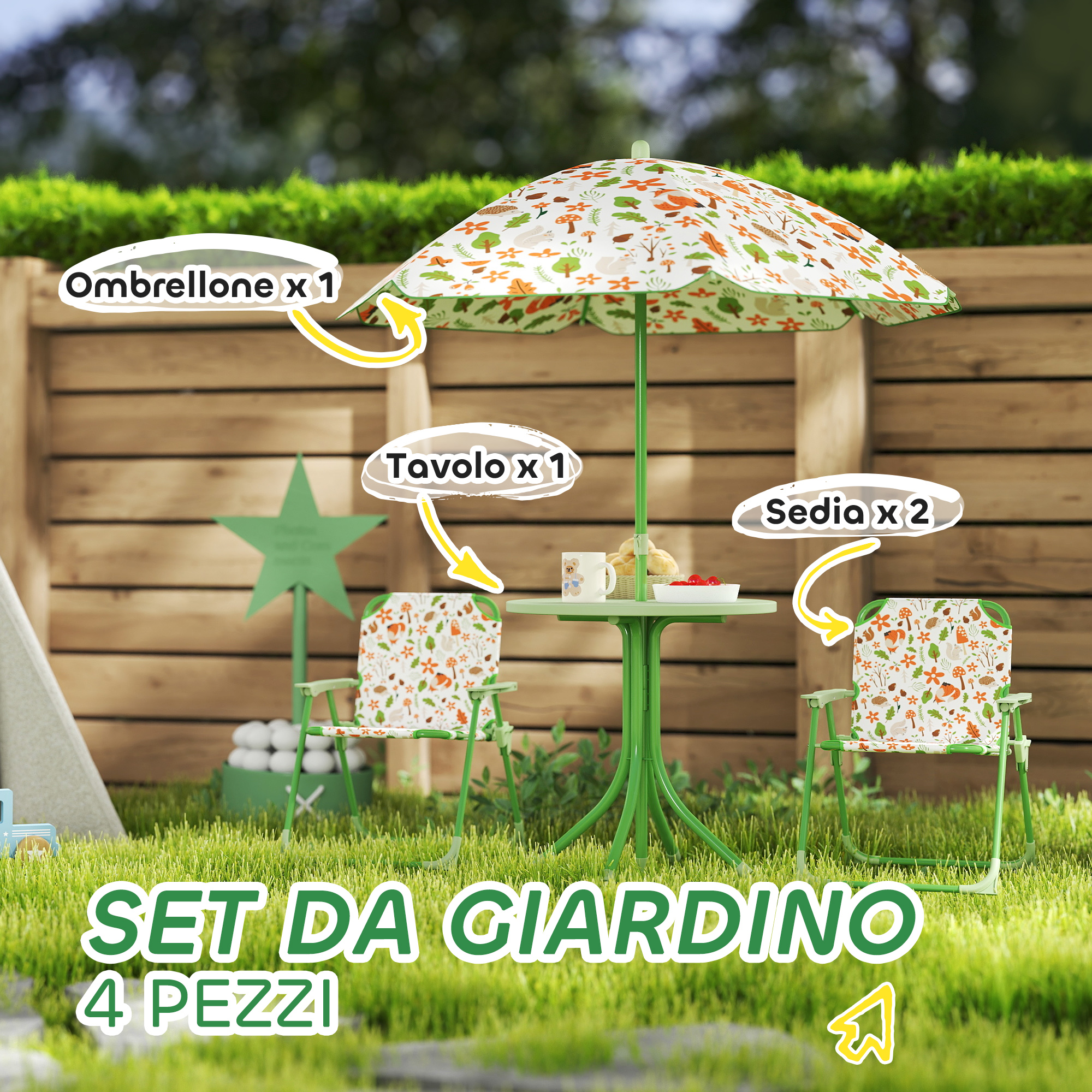 Set da giardino 4 pezzi con ombrellone, tavolo e due sedie fantasia.