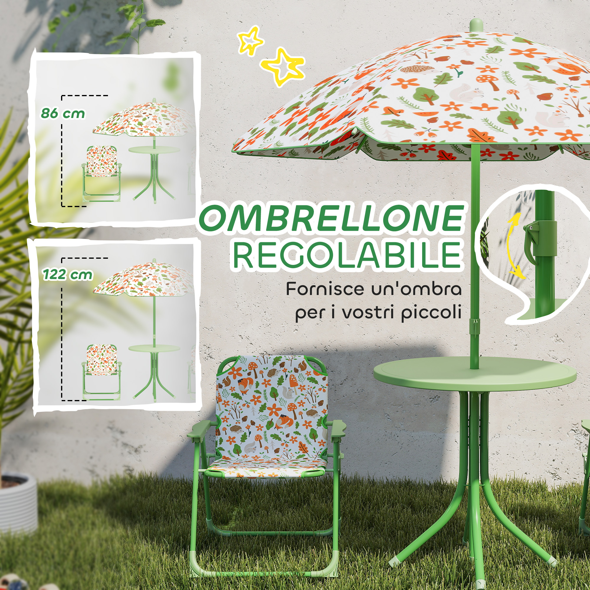 Tavolino da giardino verde con ombrellone e sedia, fantasia animali.