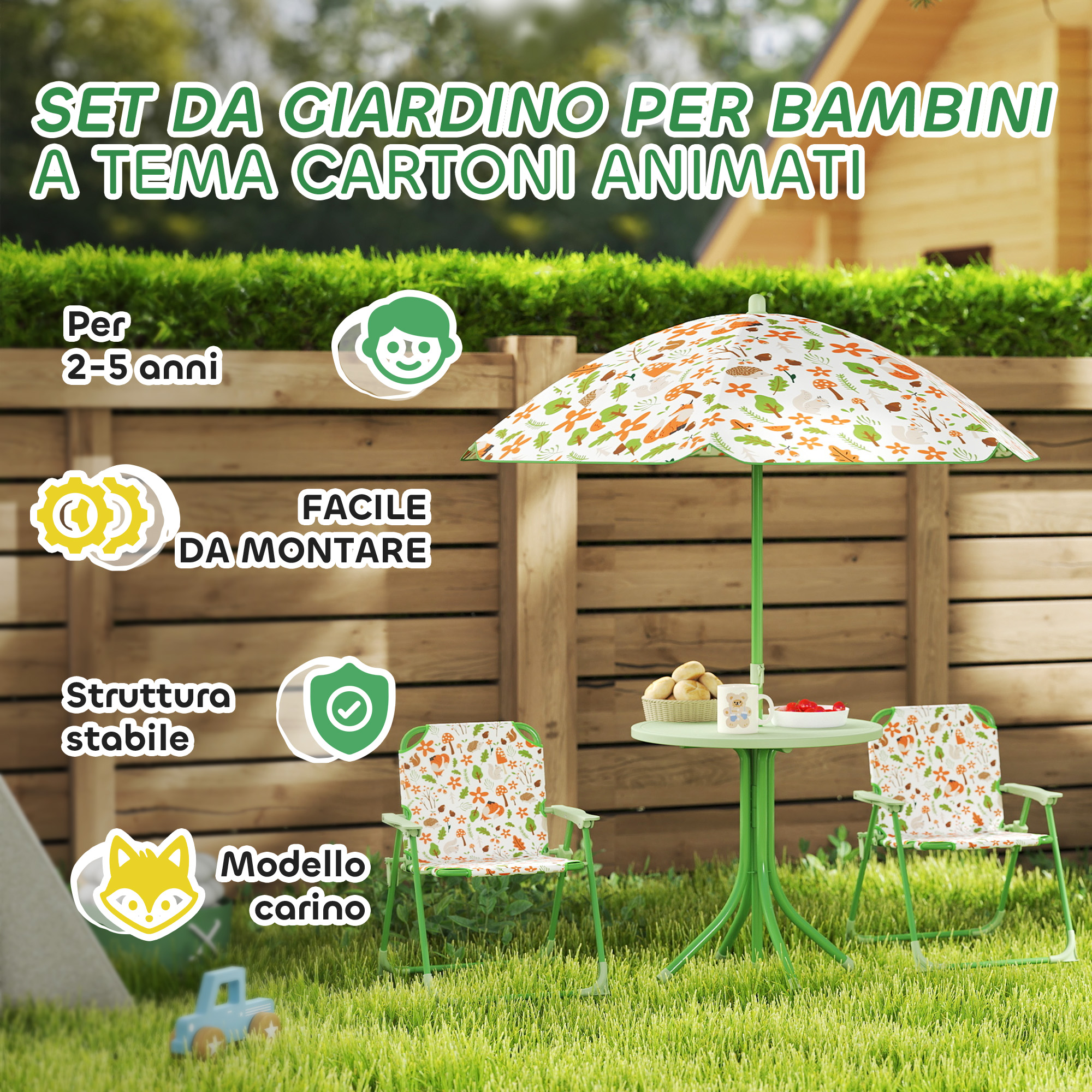 Tavolo e sedie verdi da giardino con stampa animale, ombrellone, per bambini.