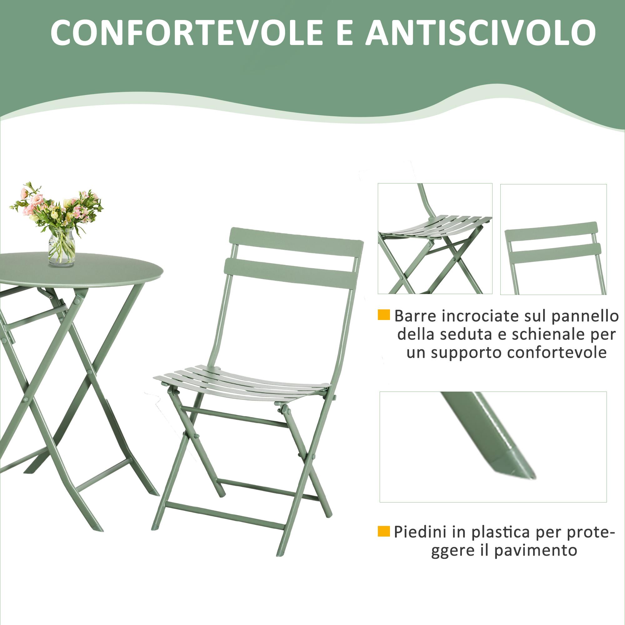 Tavolo e sedia pieghevoli in metallo verde con fiori in vaso. Dettagli mostrano le doghe.