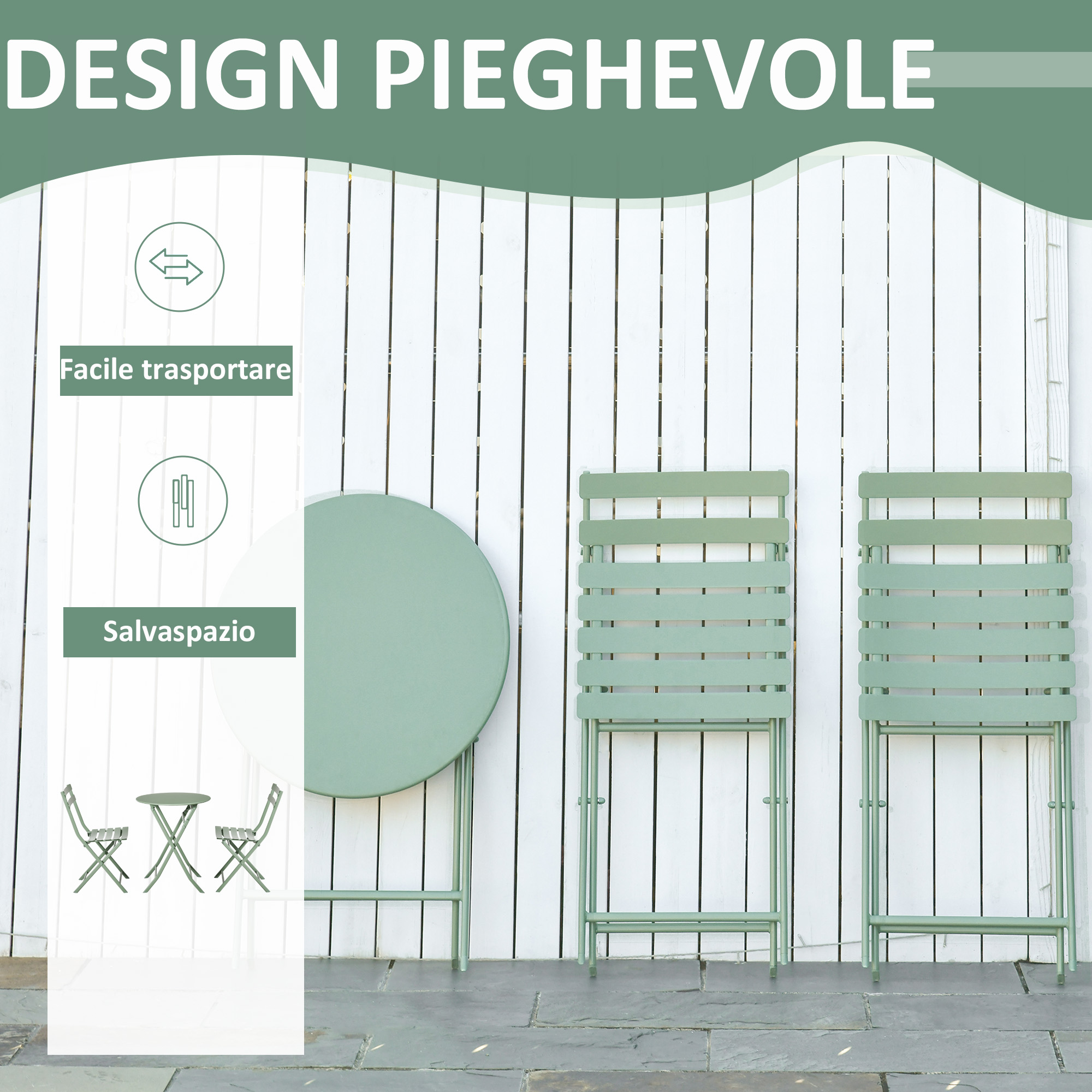 Arredo pieghevole verde: tavolo e due sedie su sfondo di legno bianco.