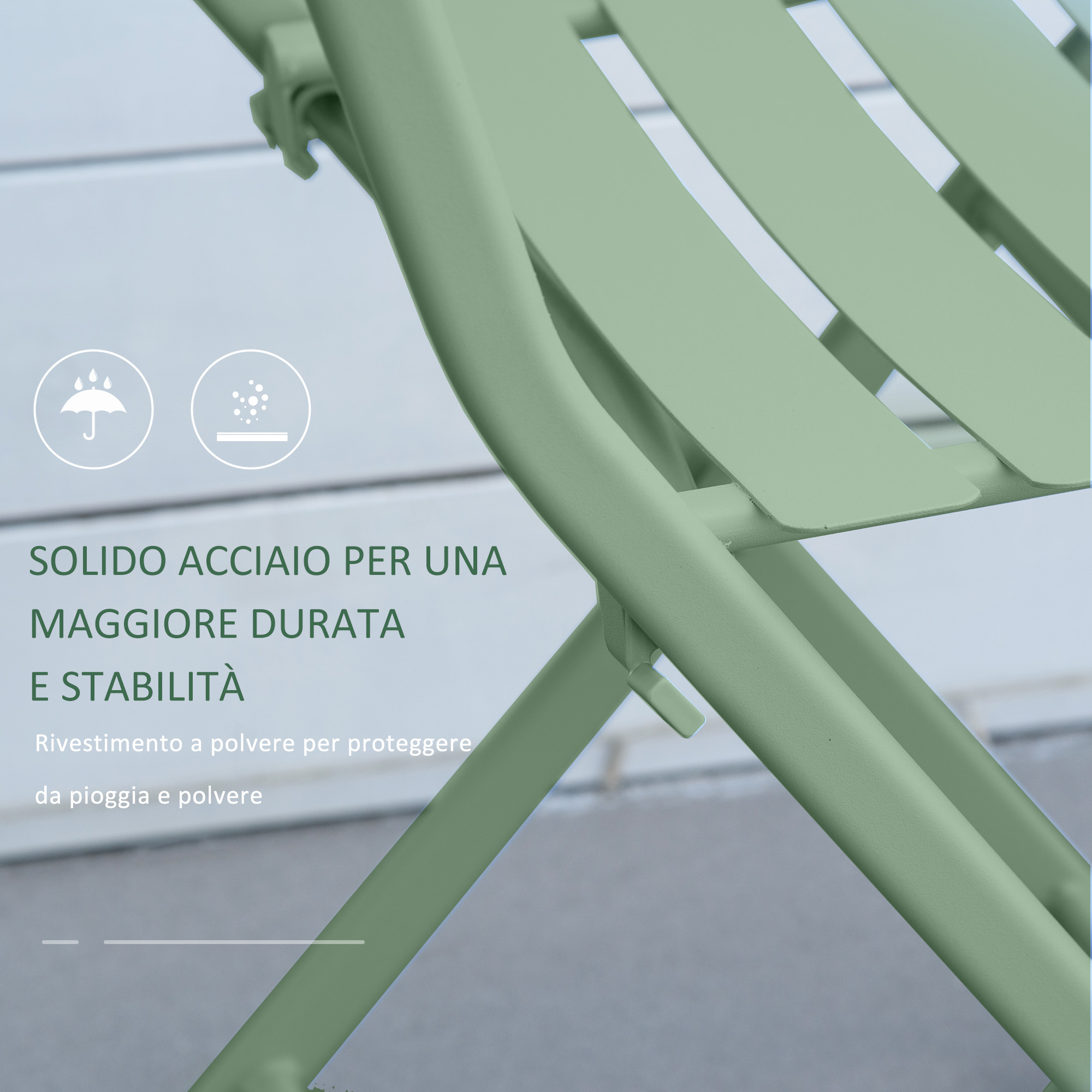 Sedia in metallo verde con verniciatura a polvere, resistente a pioggia e polvere.
