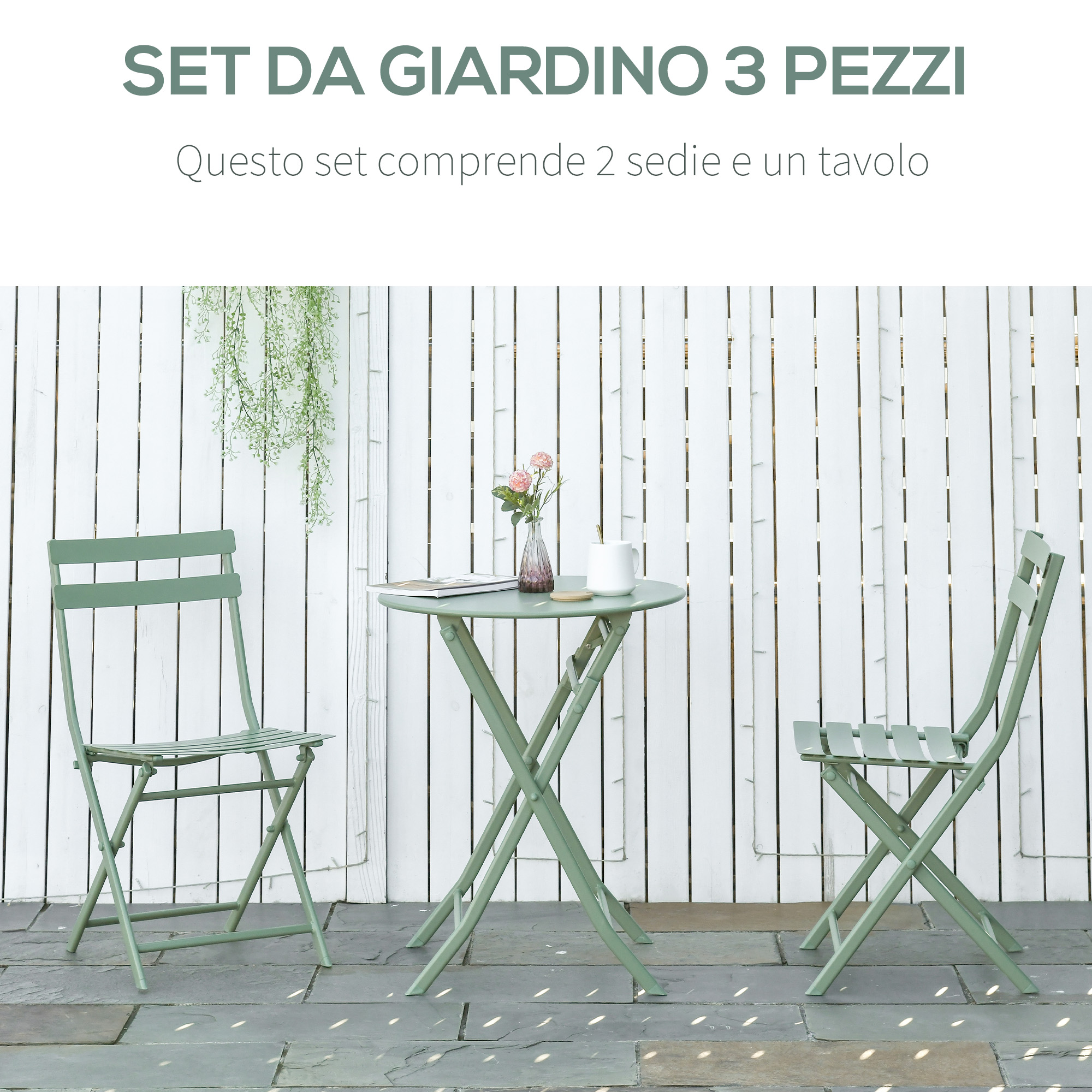 Un set di mobili da giardino verdi con due sedie e un tavolo.