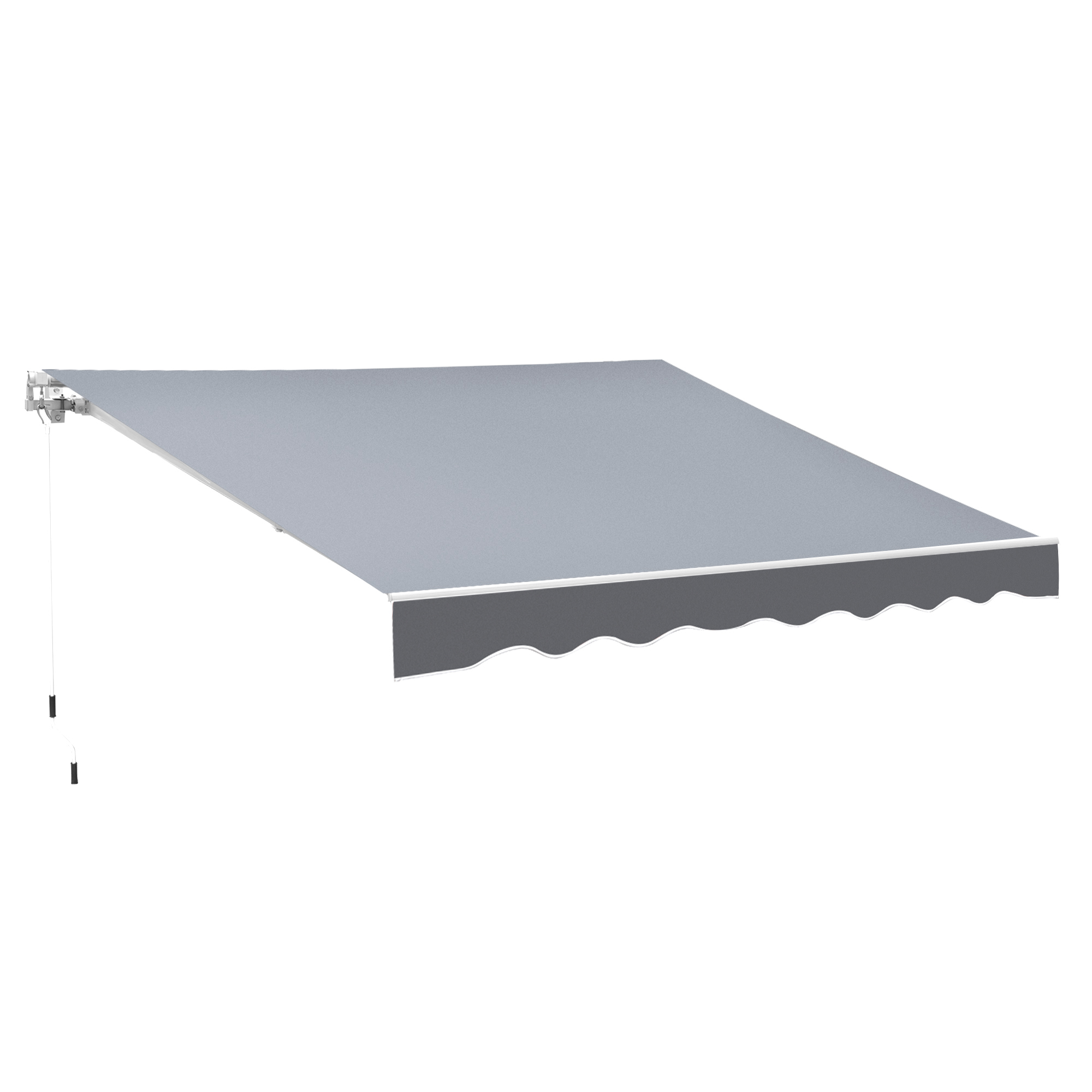 Tessuto tenda da sole grigio con bordo a festoni e telaio argentato, corda bianca.