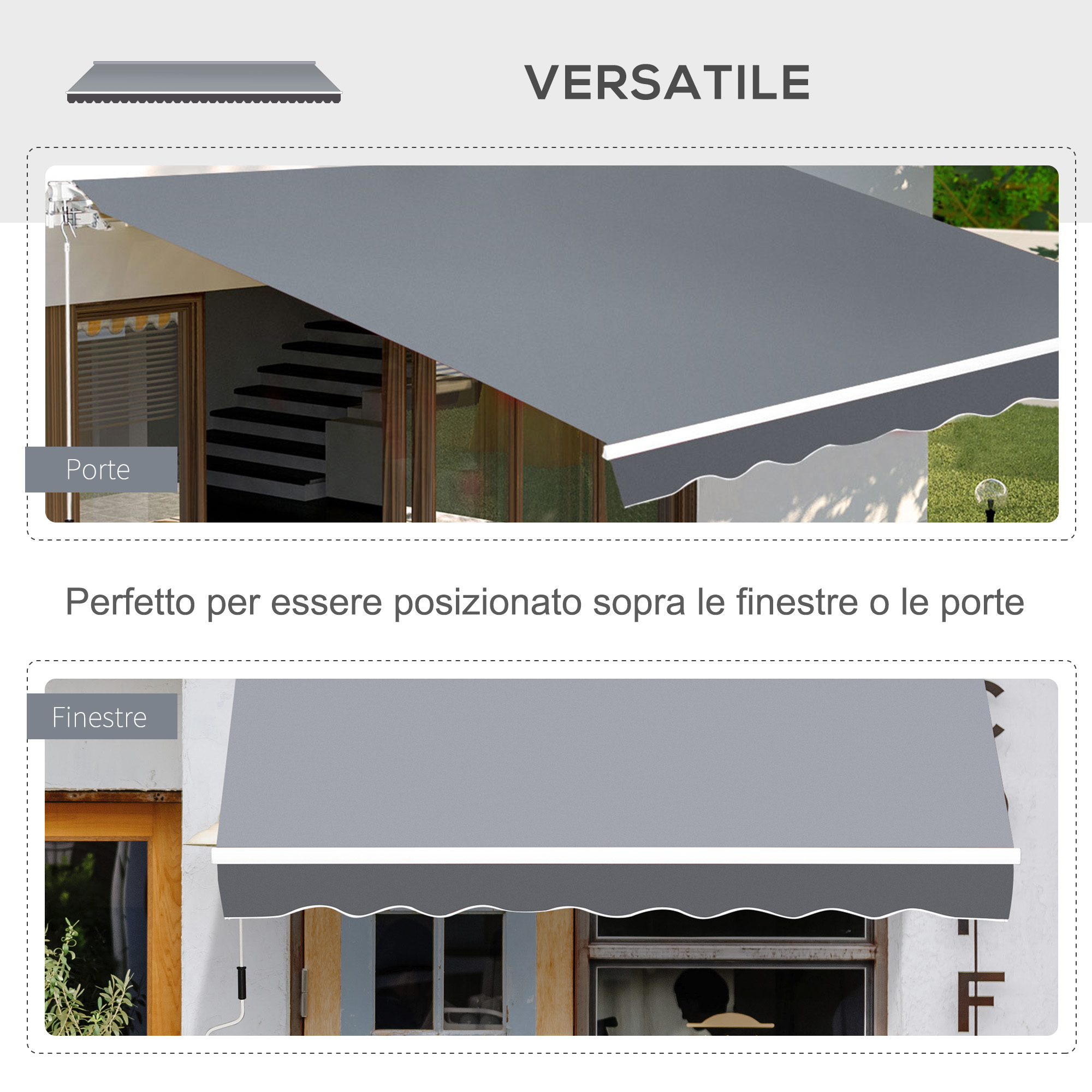 Tessuto da tenda grigio con bordo a festoni, montato sopra porte e finestre.