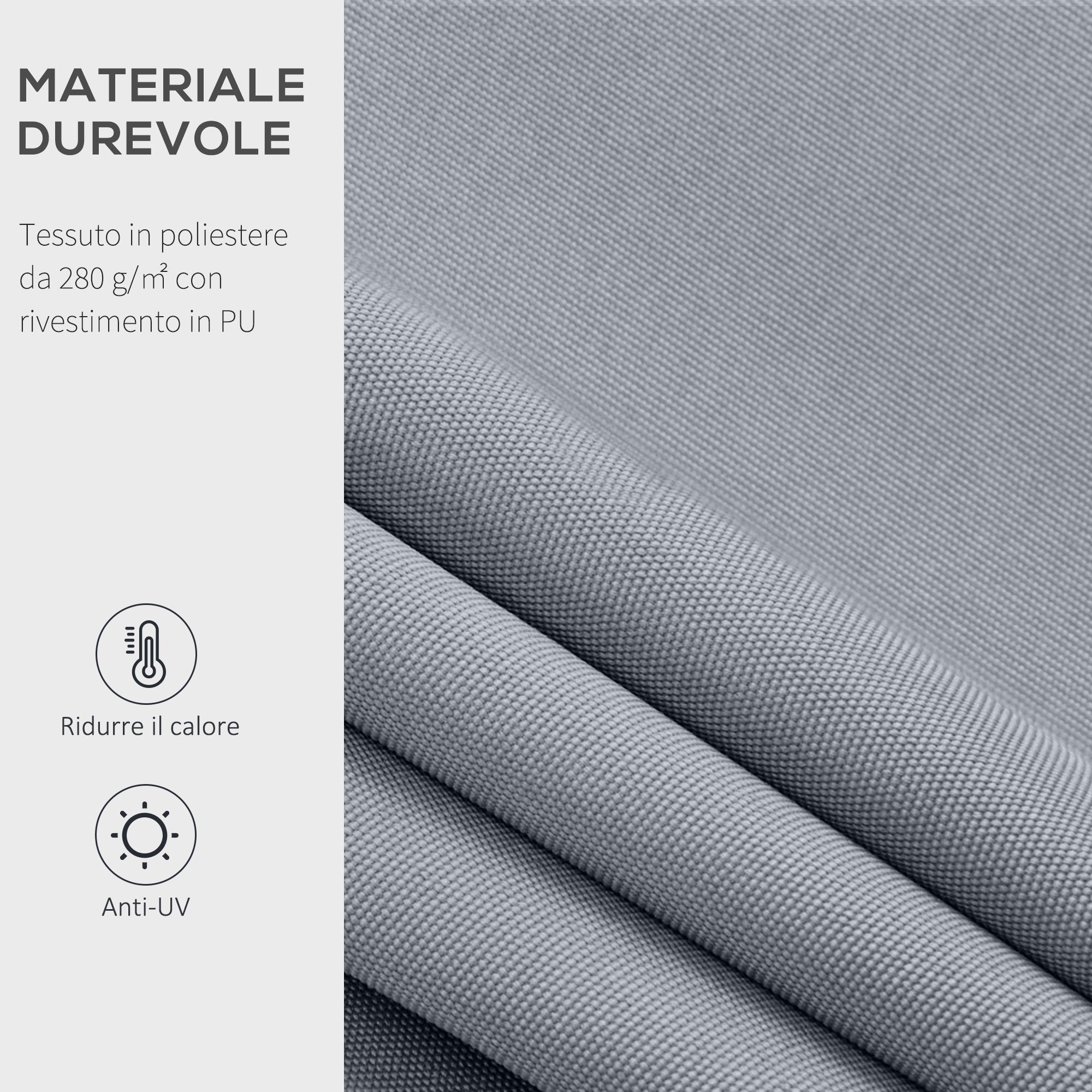 Tessuto in poliestere grigio e resistente con rivestimento in PU, 280 g/m².