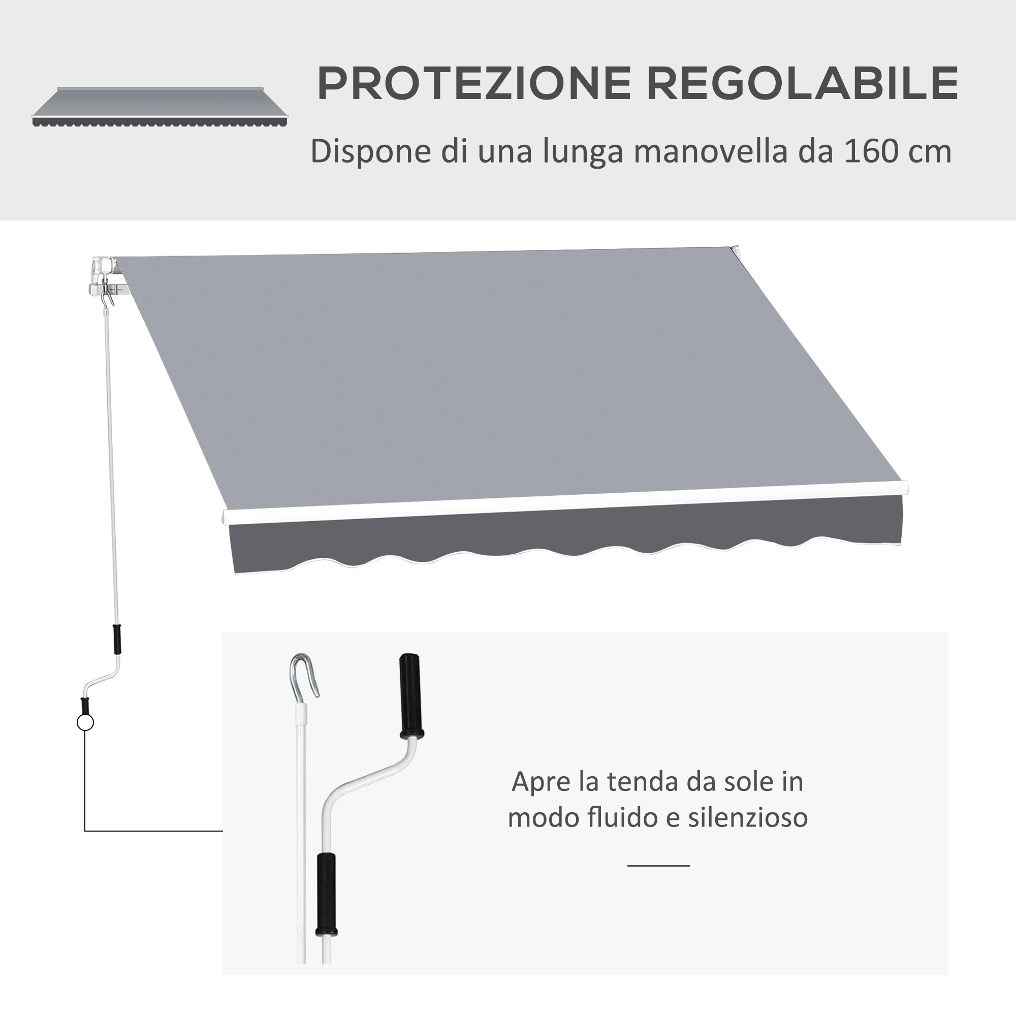 Tenda da sole grigia con manovella e gancio. Protezione solare.