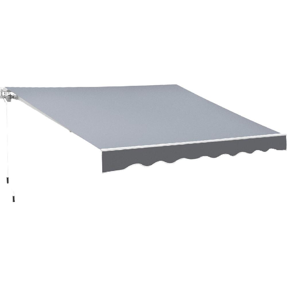 Una tenda da sole retrattile grigia con bordo smerlato, estesa.