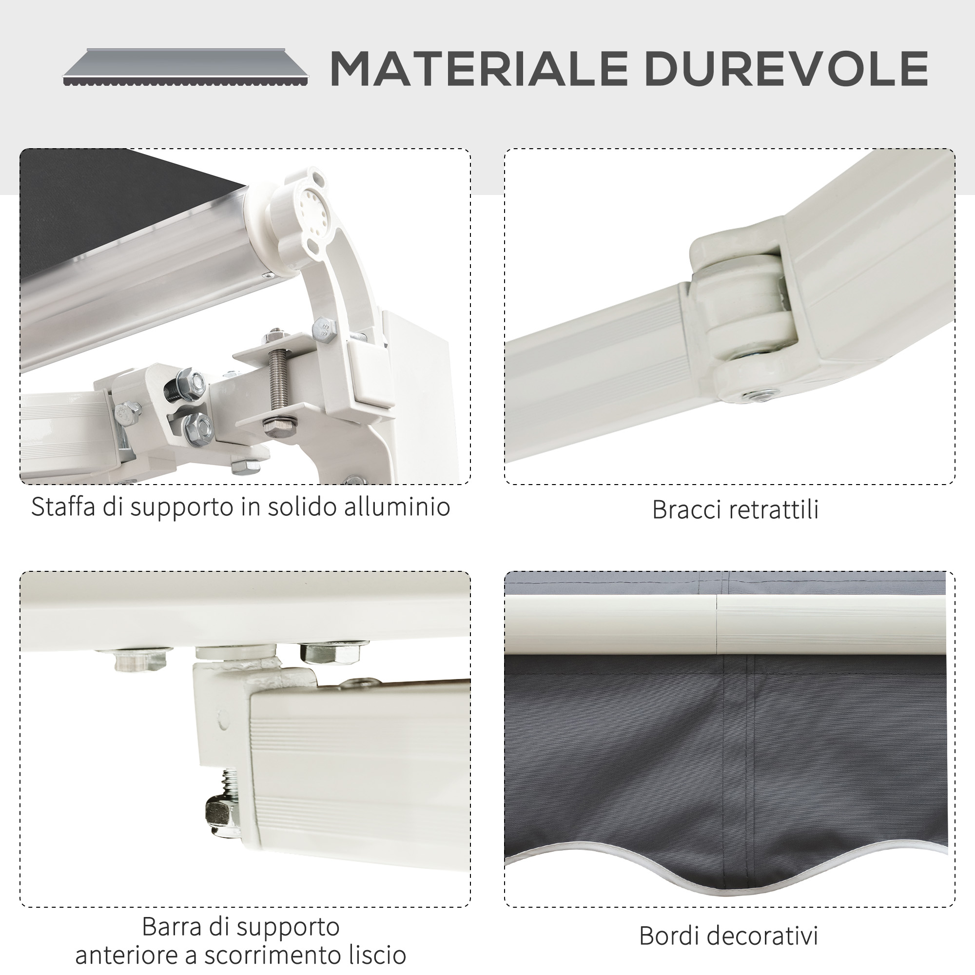 Dettagli tenda da sole: staffa alluminio, braccio retrattile, barra, bordo decorativo.