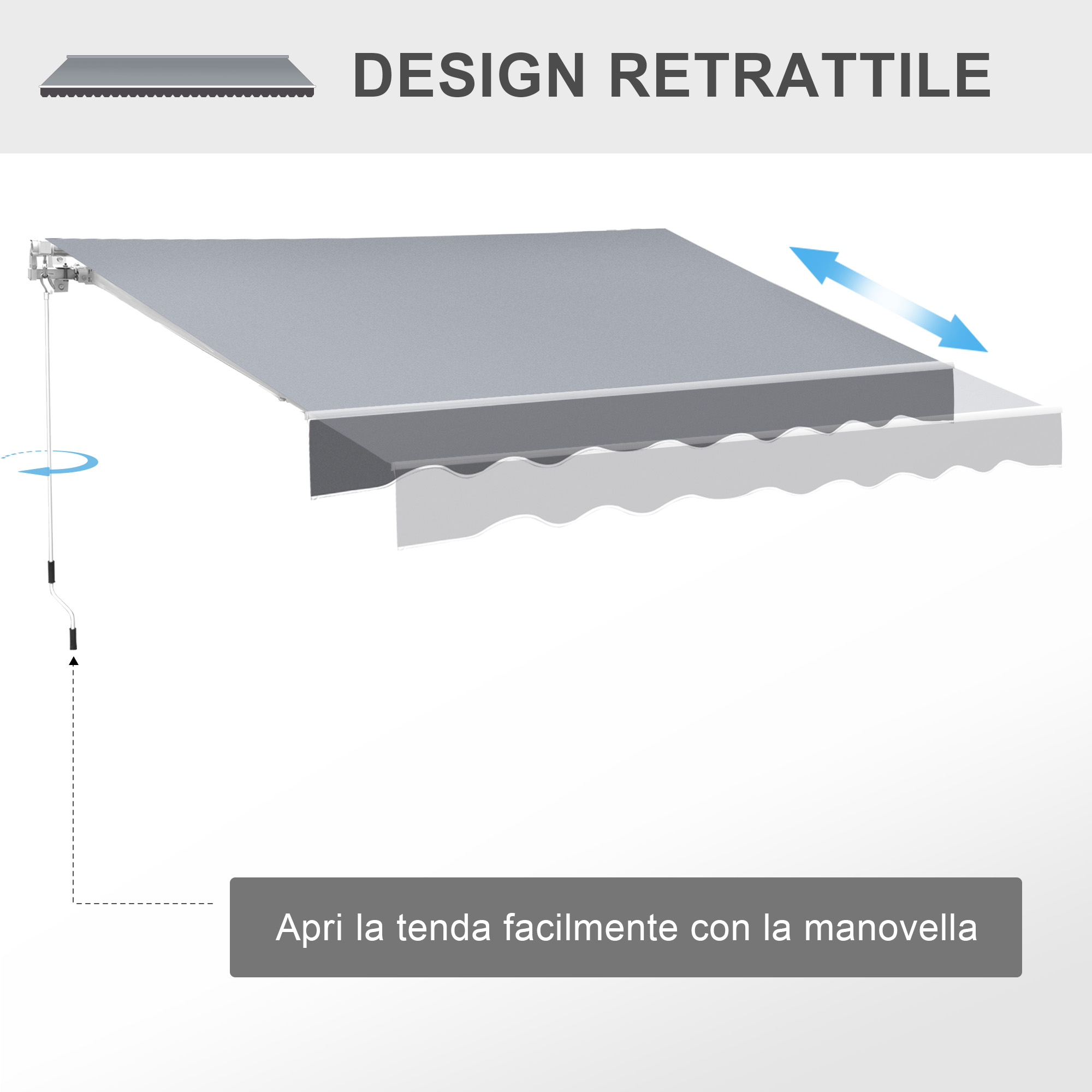 Tessuto per tenda da sole grigio con bordo smerlato, estensibile con manovella.