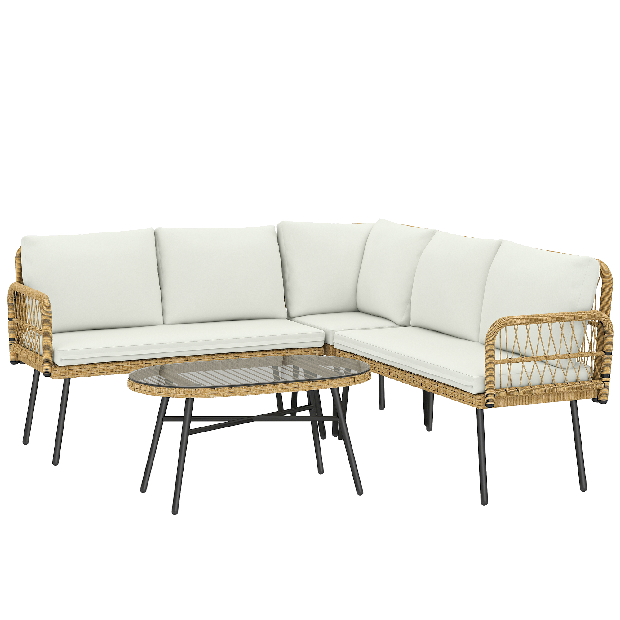 Divano angolare in rattan marrone con cuscini bianchi e tavolino in vetro.