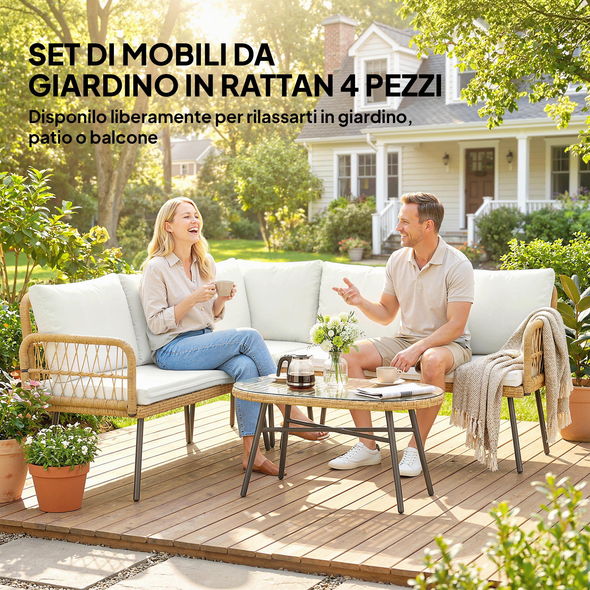 Un uomo e una donna siedono su un set di mobili in rattan in giardino, bevendo caffè.