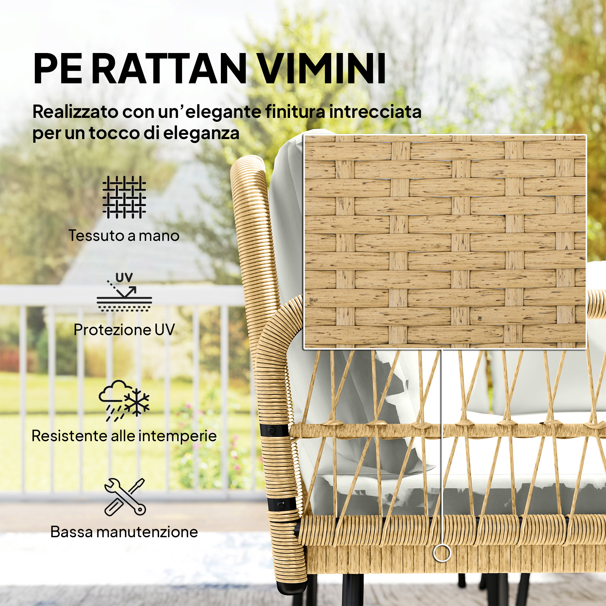 Mobili in PE Rattan con elegante finitura intrecciata per un tocco di lusso.