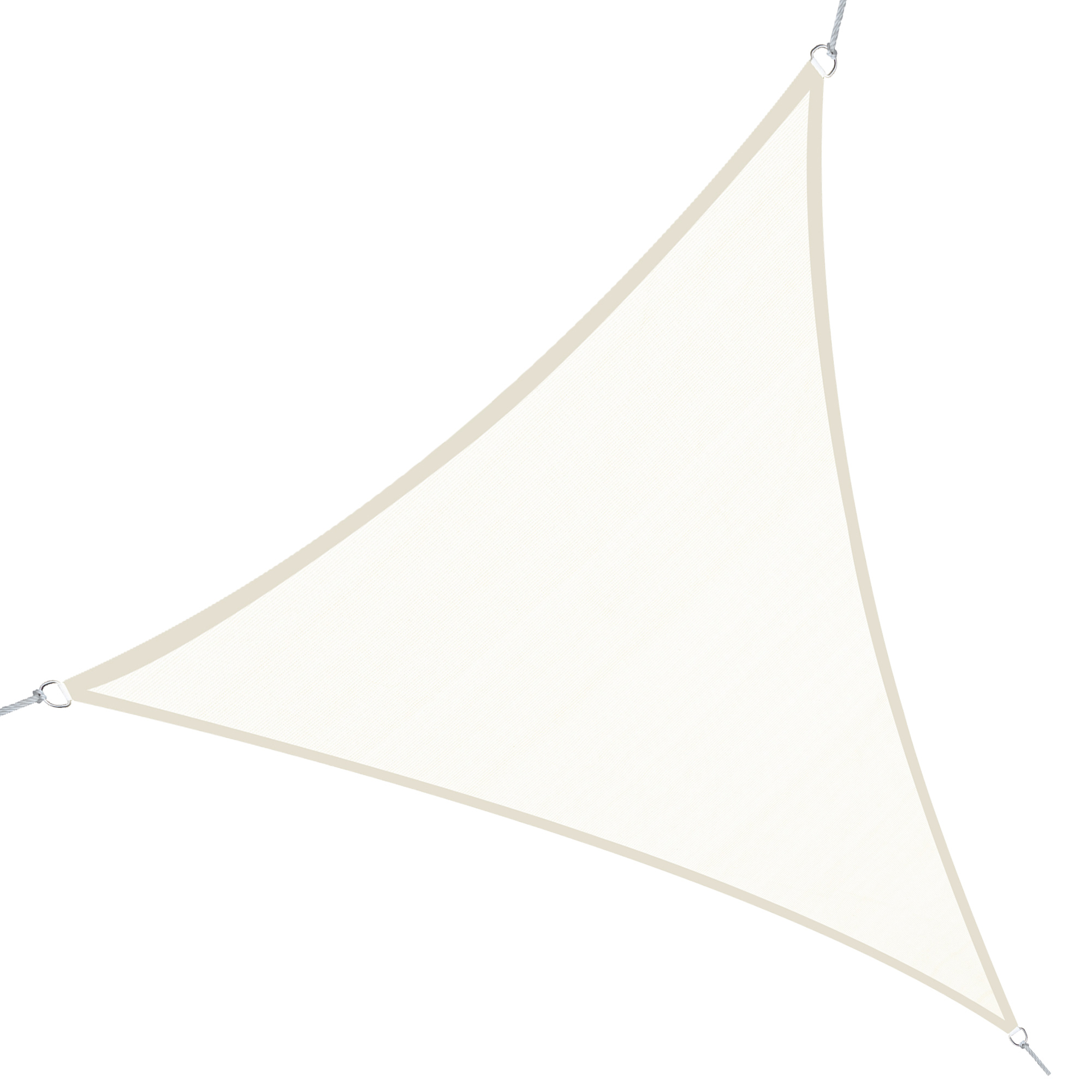 Una vela parasole color crema con occhielli e corde argentate.