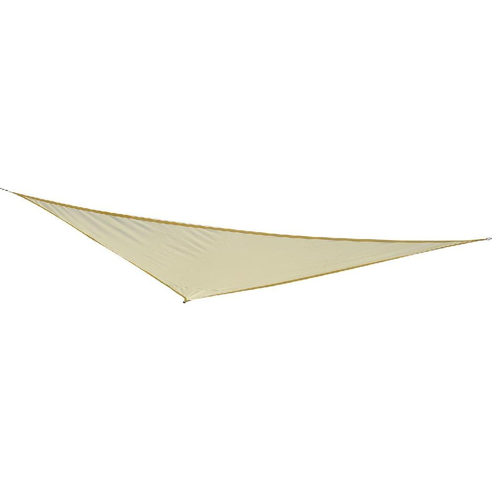 Una vela parasole triangolare beige con bordo marrone appesa su sfondo bianco.
