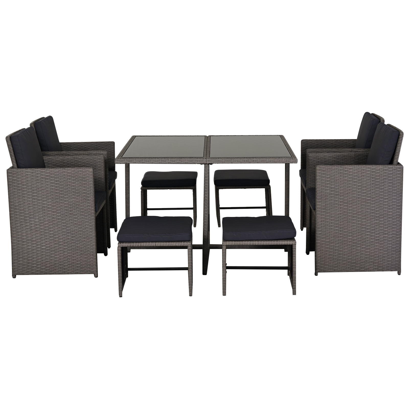 Set da pranzo in rattan grigio con tavolo e quattro sgabelli.