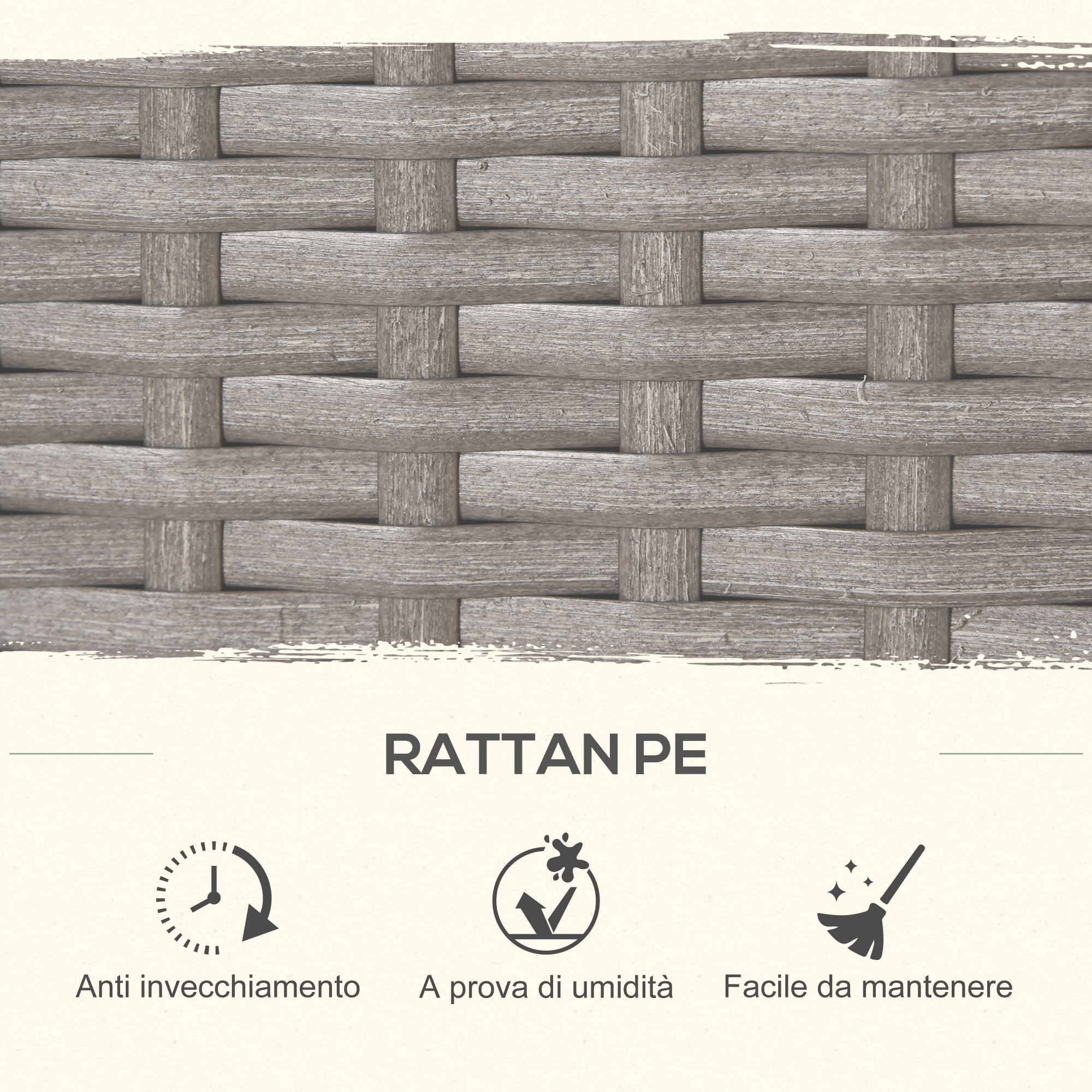 Materiale Rattan PE intrecciato con icone anti-invecchiamento, resistenza all'umidità e facilità di manutenzione.