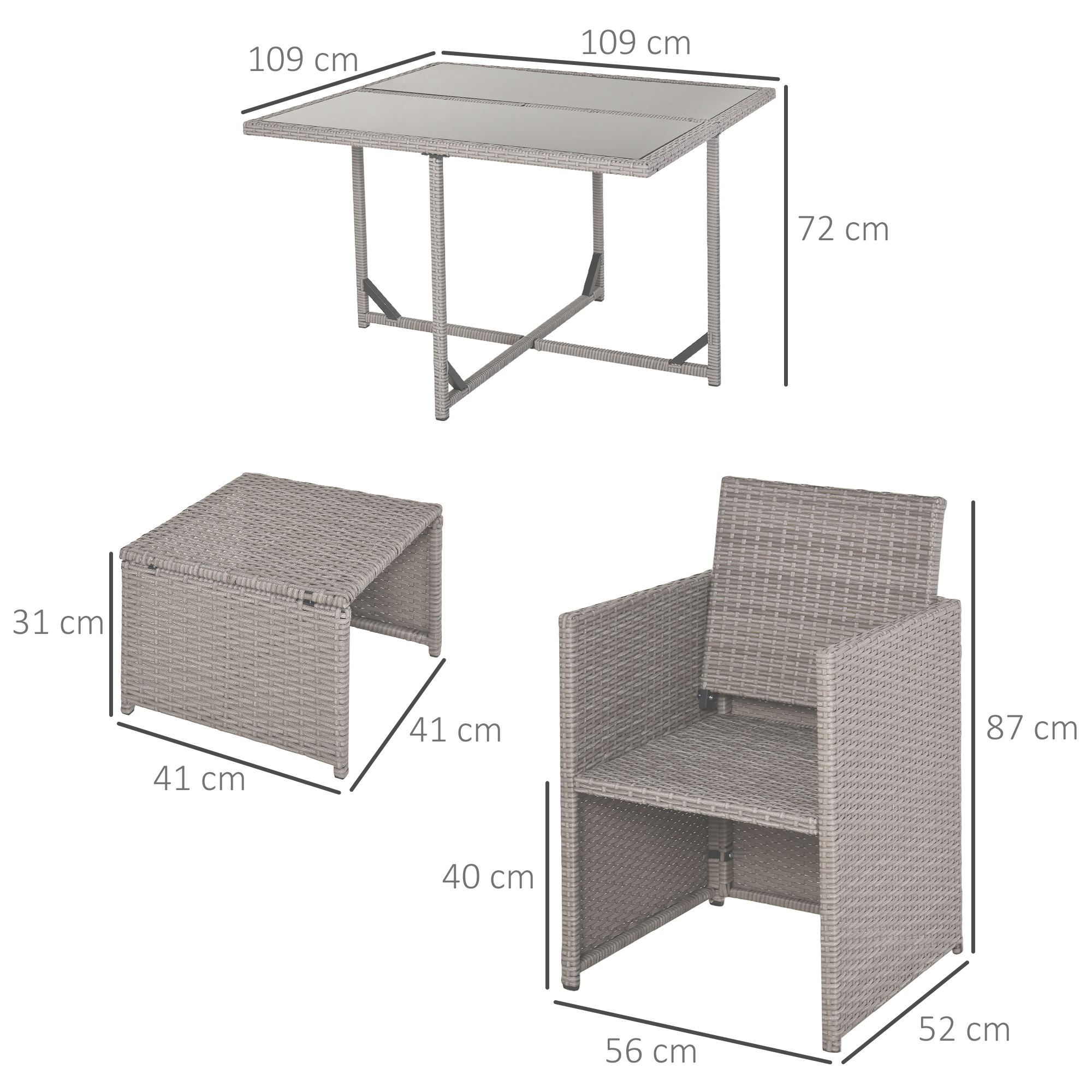 Tavolo in rattan grigio (109x72cm), tavolino (41x31cm) e sedia (56x52x87cm).