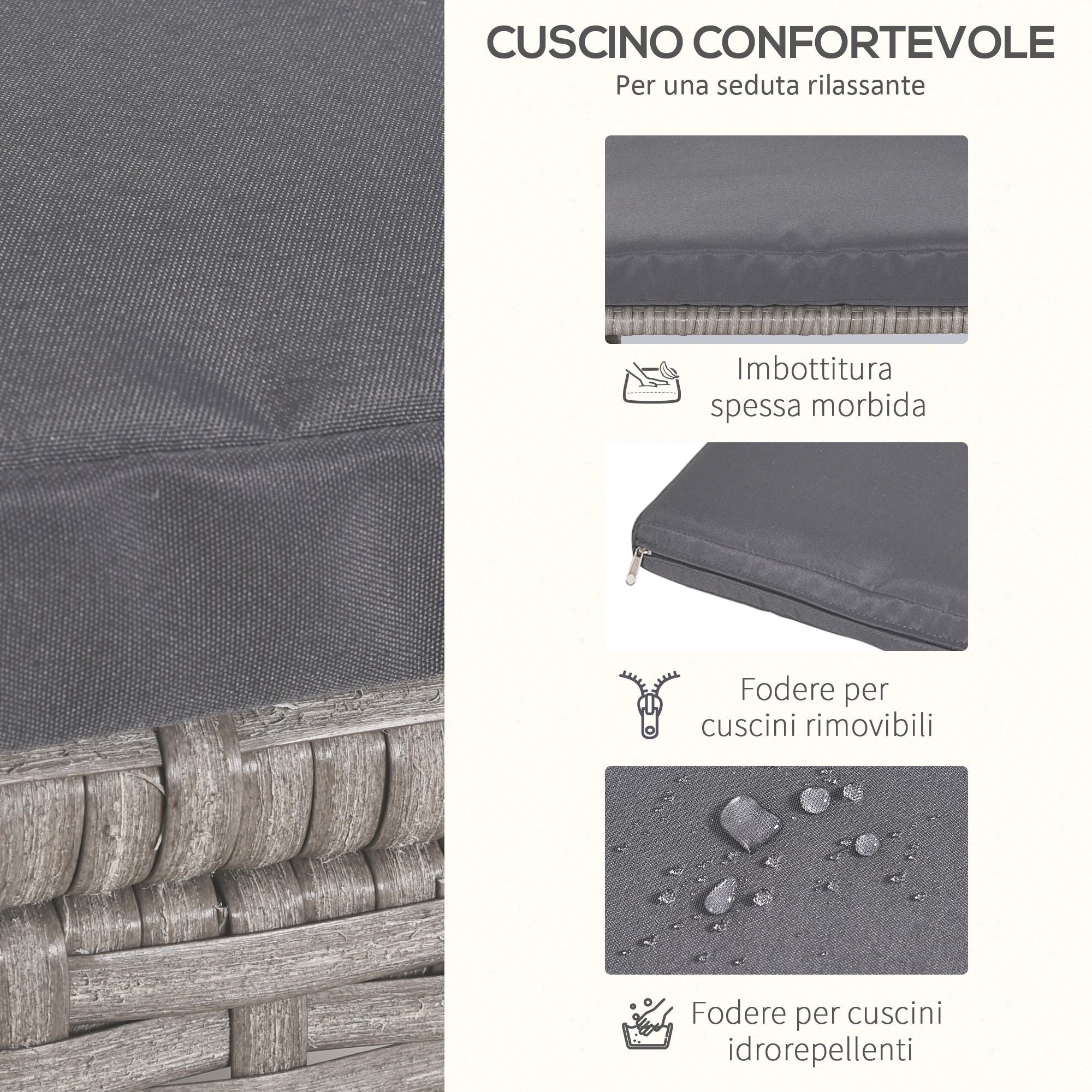 Cuscino grigio con imbottitura morbida e fodera rimovibile idrorepellente.
