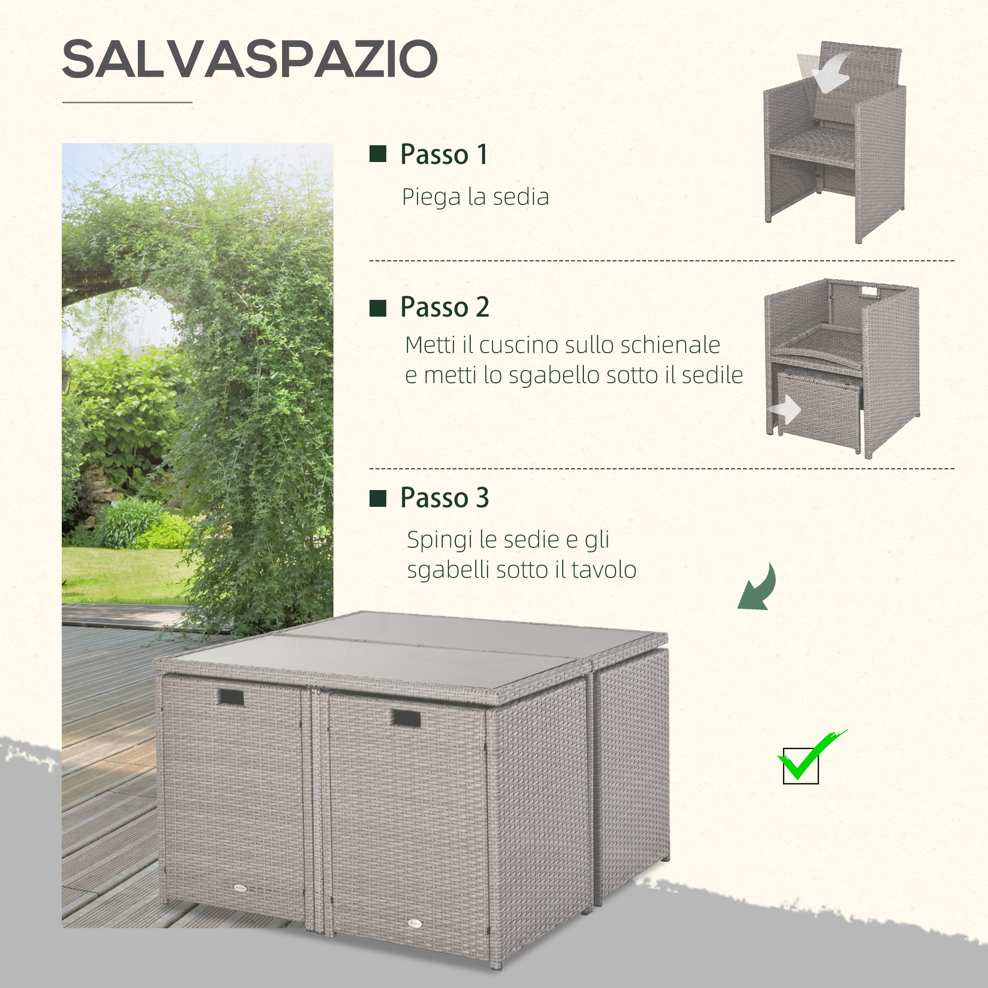Mobili in rattan: Piega sedia, metti cuscino, sgabello sotto sedile.