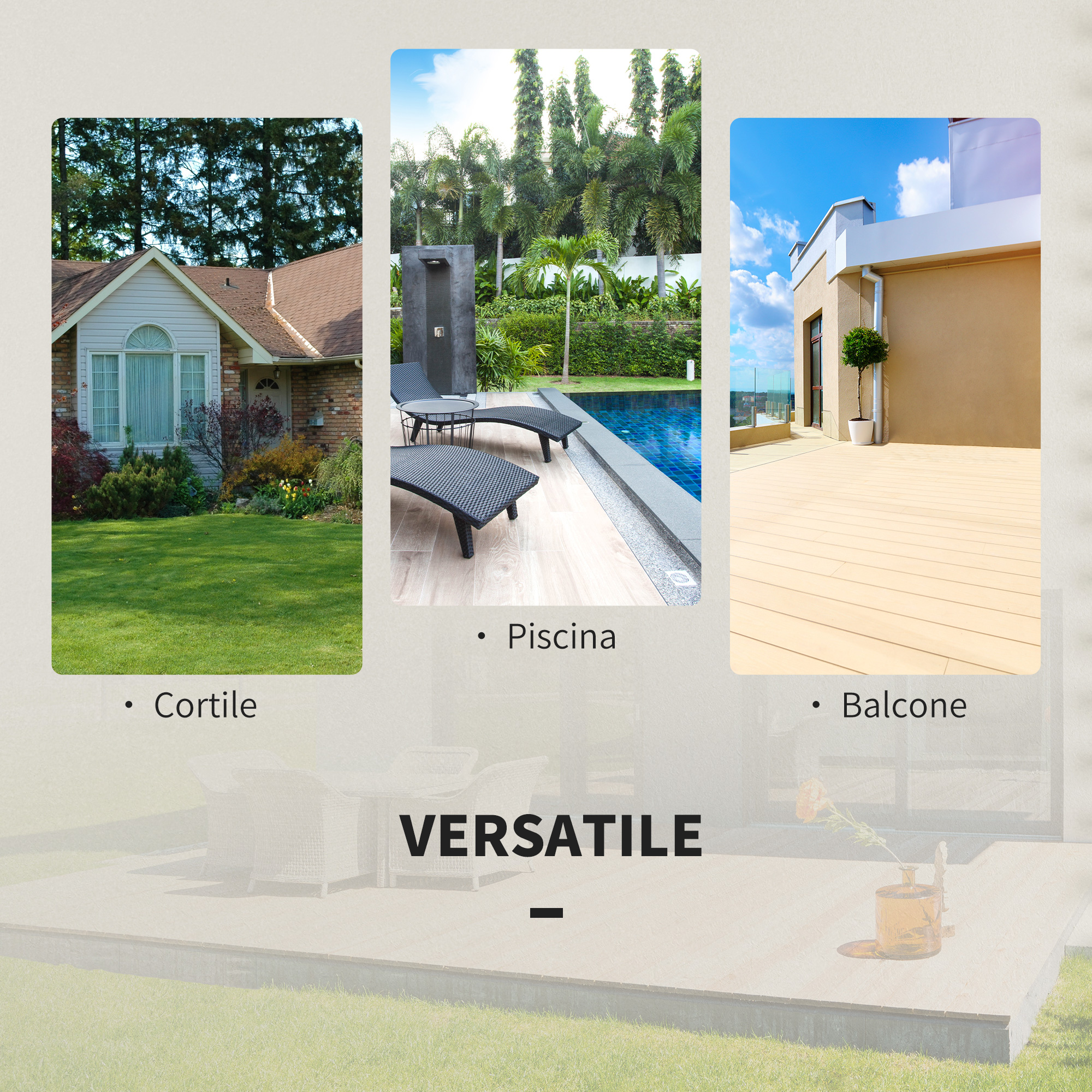 Casa, piscina con doccia e lettini, balcone con vista. Versatile.