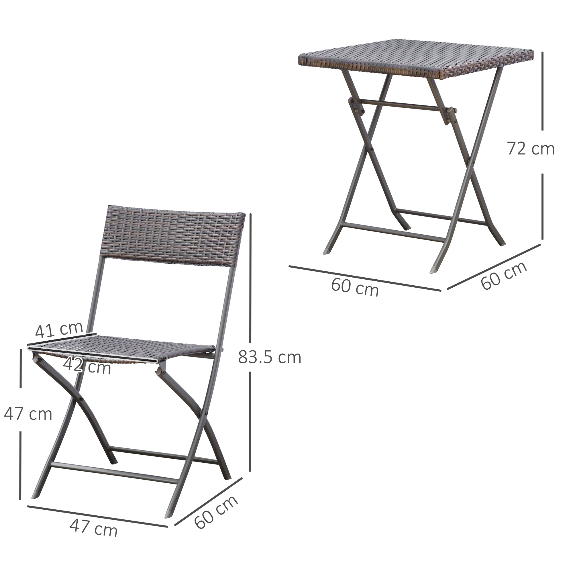 Un tavolo pieghevole e una sedia pieghevole in rattan grigio con telaio in metallo.