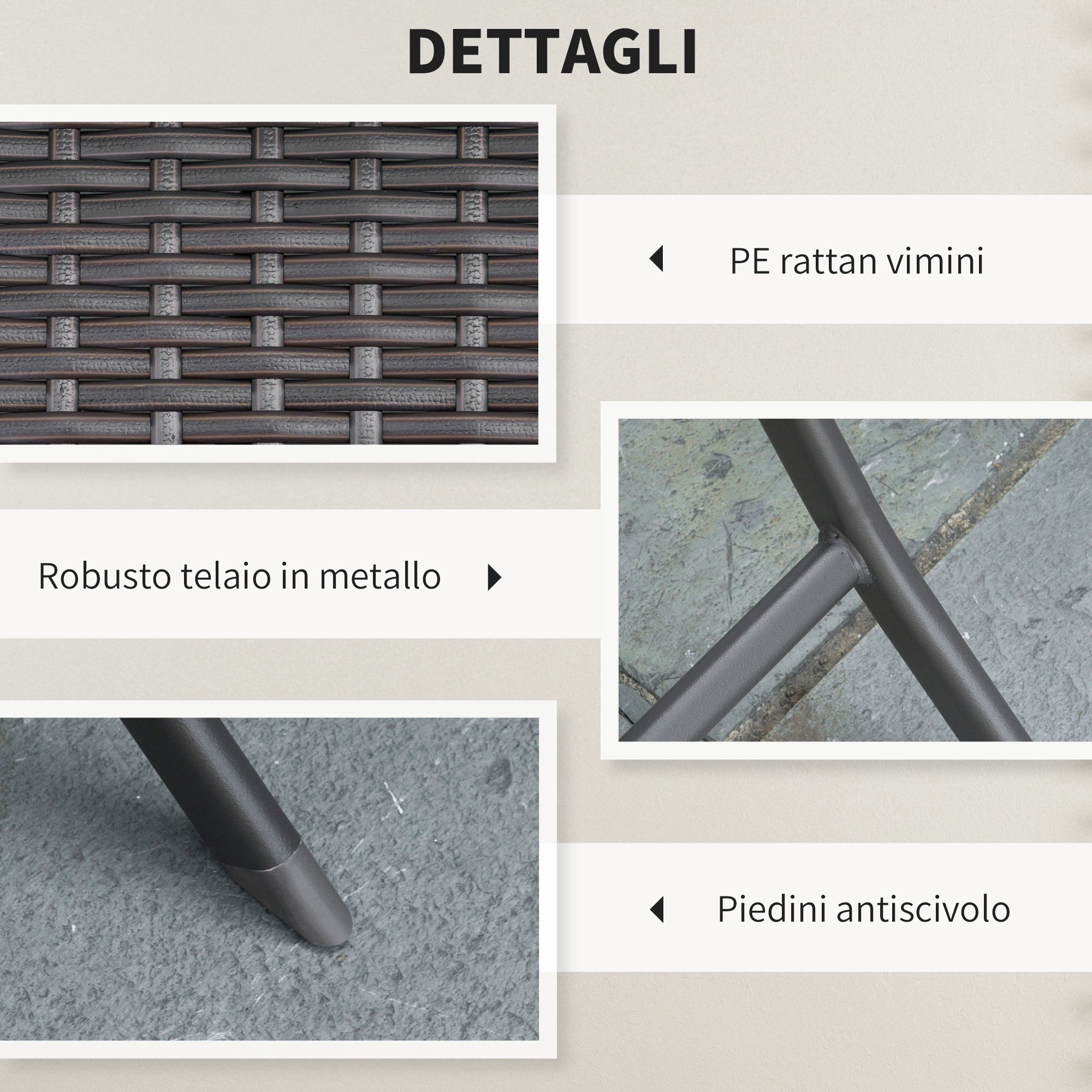 Dettagli: Vimini in rattan PE, telaio in metallo, piedini antiscivolo.